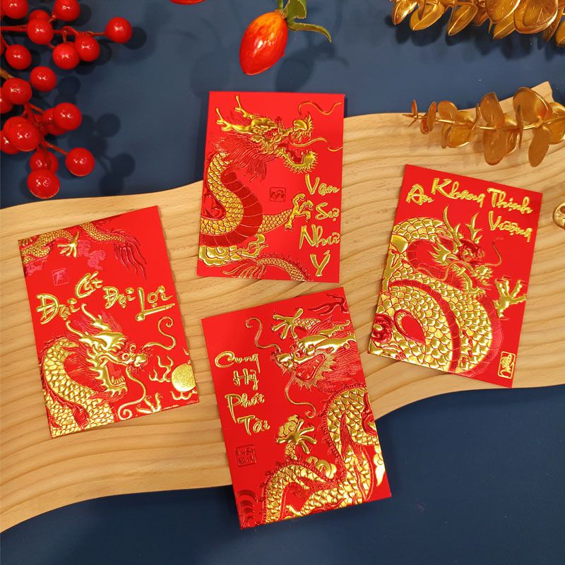 Combo bộ ngẫu nhiên 6 bao lì xì đỏ trang trí có hình rồng dễ thương nổi mạ vàng Chúc tết 2024 kích thước 9x17cm Autono1 LX006