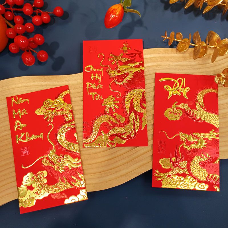 Combo bộ ngẫu nhiên 6 bao lì xì đỏ trang trí có hình rồng dễ thương nổi mạ vàng Chúc tết 2024 kích thước 9x17cm Autono1 LX006