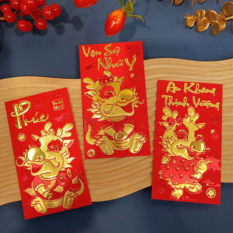Combo bộ ngẫu nhiên 6 bao lì xì đỏ trang trí có hình rồng dễ thương nổi mạ vàng Chúc tết 2024 kích thước 9x17cm Autono1 LX006