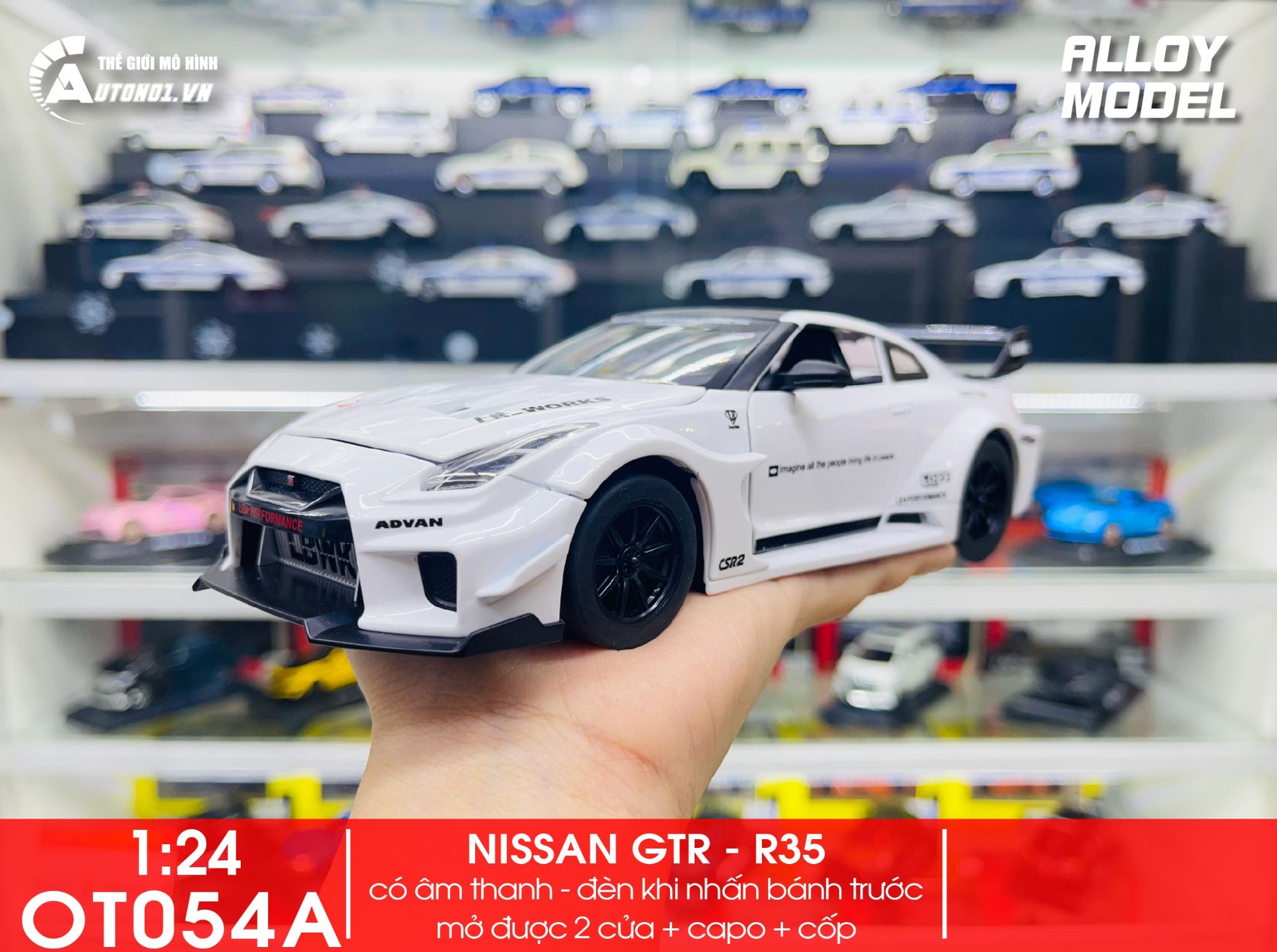Mô hình xe Nissan GTR R35 CSR2 full open , có đèn , âm thanh 1:24 Alloy OT054