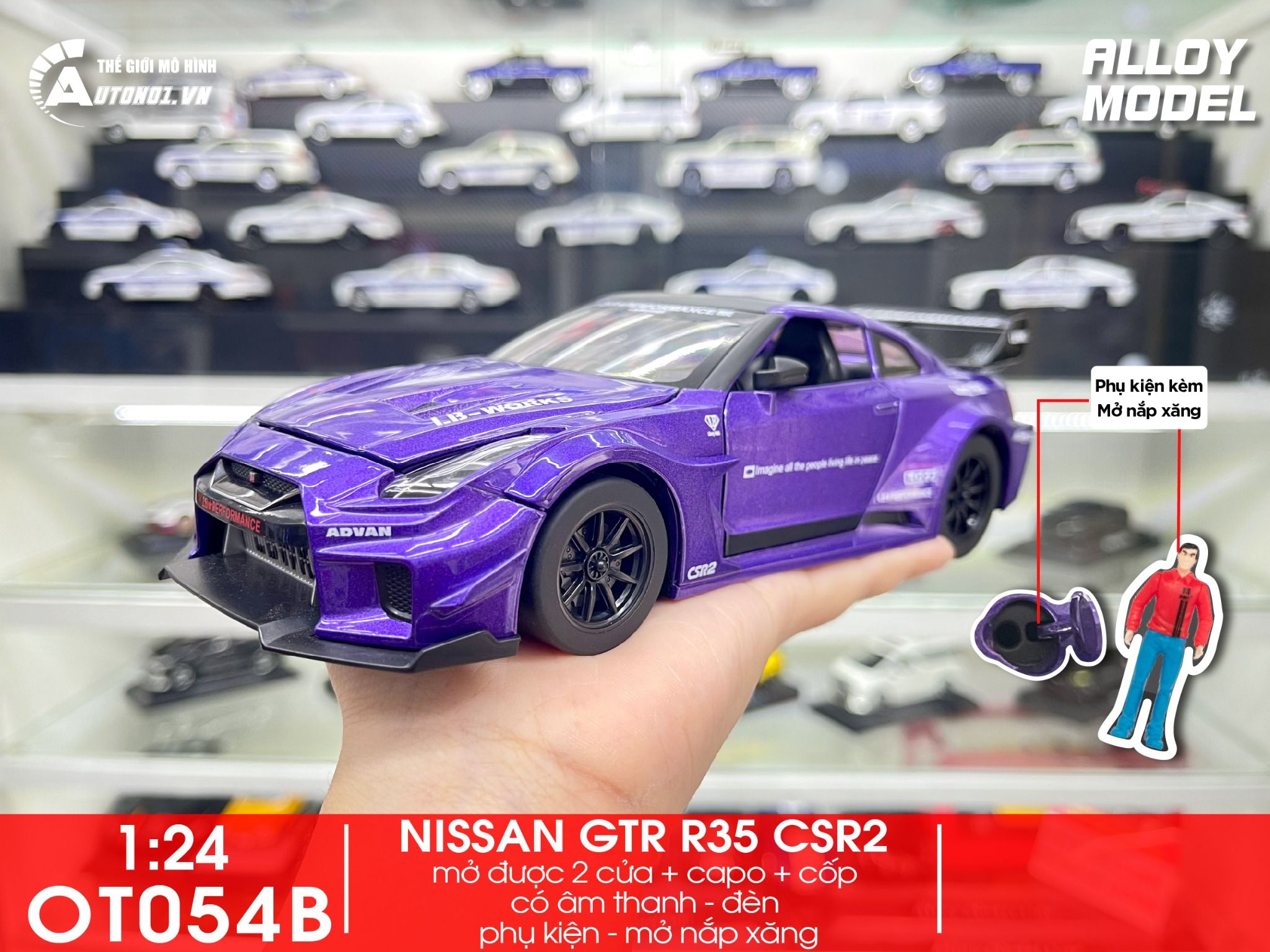 Mô hình xe Nissan GTR R35 CSR2 full open , có đèn , âm thanh 1:24 Alloy OT054