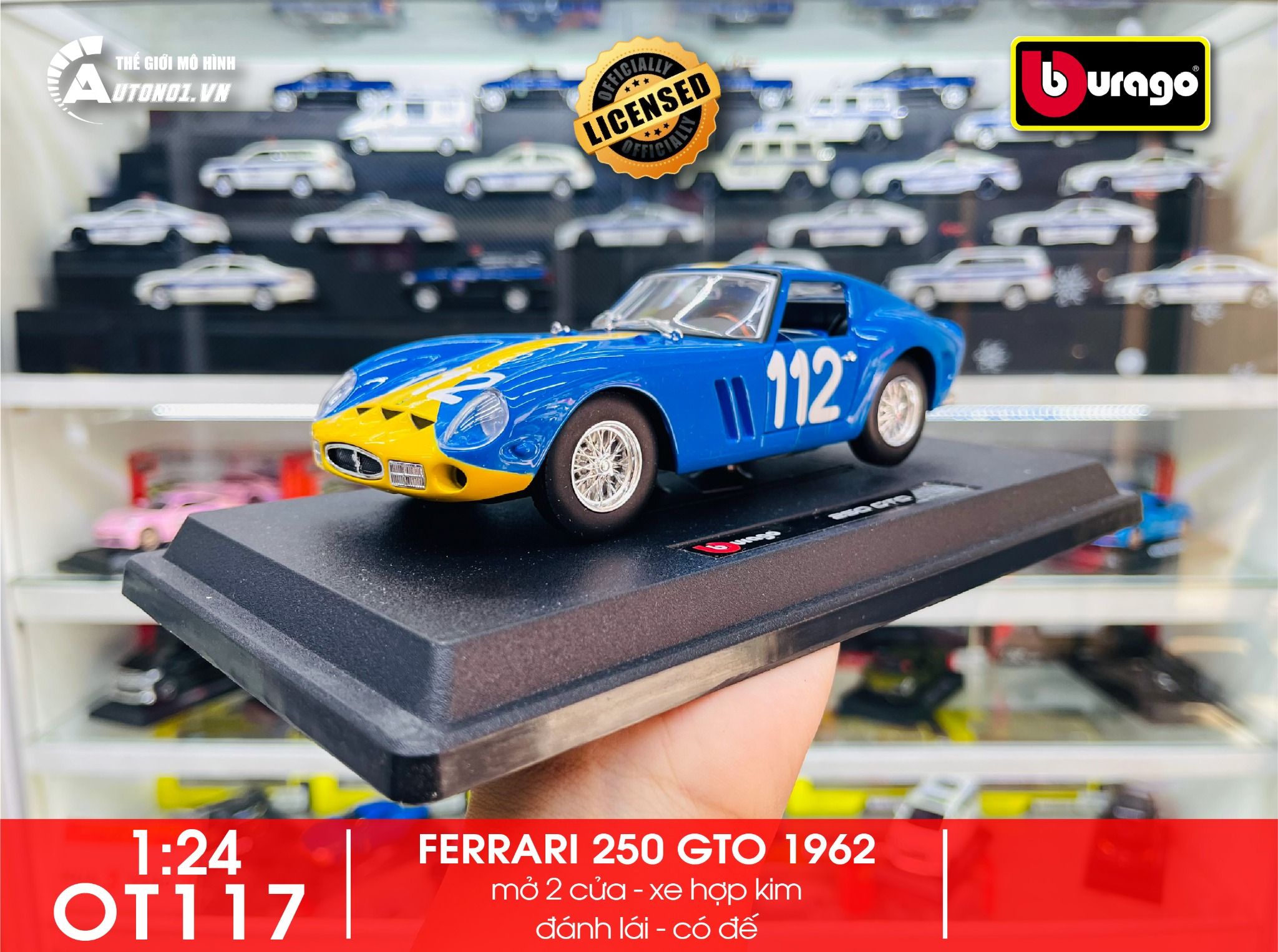 Mô hình xe ô tô Ferrari 250 GTO 1962 race tỉ lệ 1:24 Bburago OT117