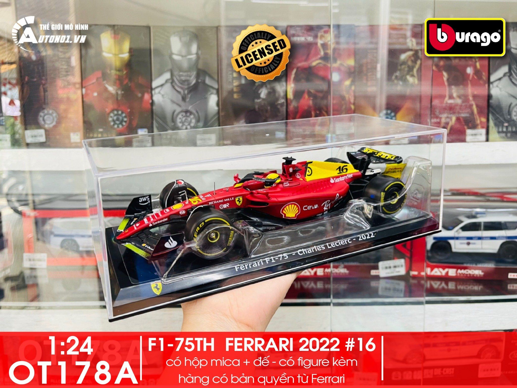 Mô hình xe đua F1-75th Anniversary Version Ferrari 2022 hộp mica có figure tỉ lệ 1:24 Bburago OT178