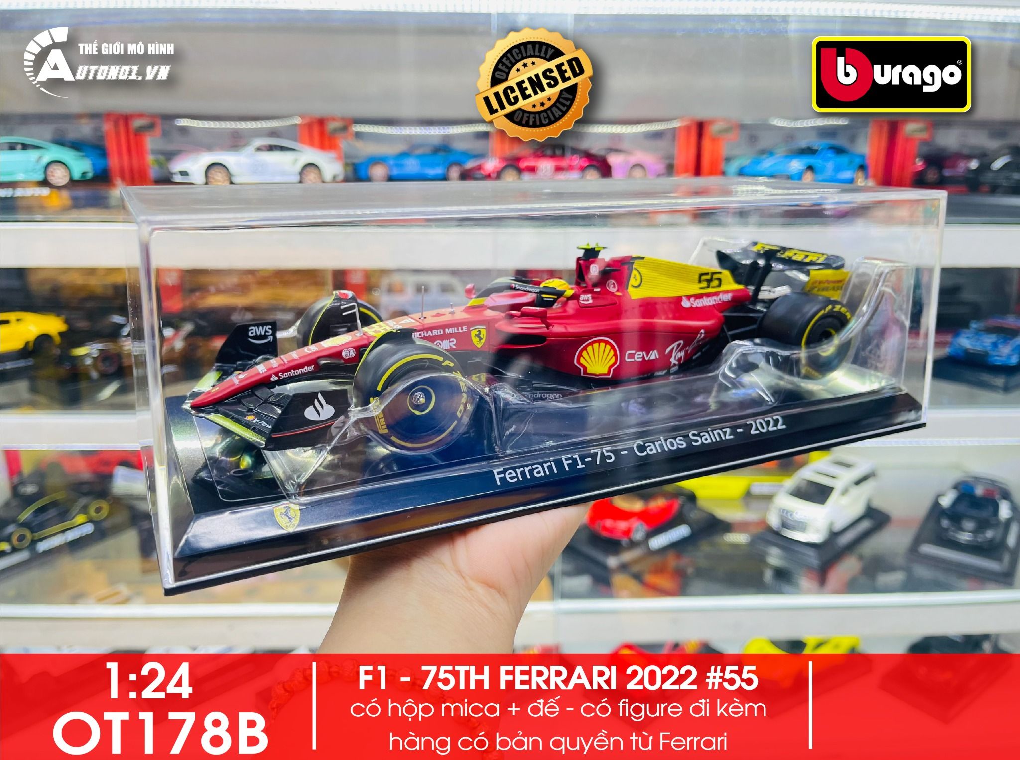 Mô hình xe đua F1-75th Anniversary Version Ferrari 2022 hộp mica có figure tỉ lệ 1:24 Bburago OT178