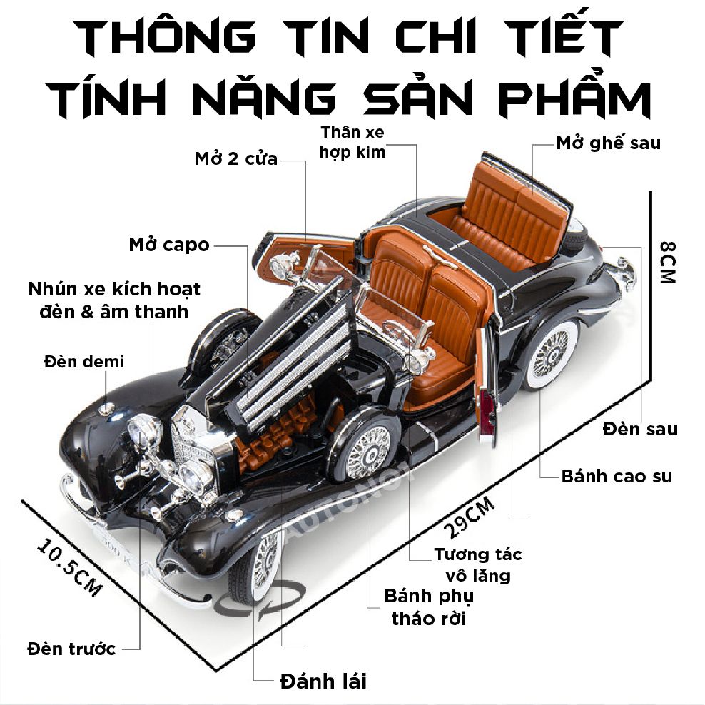 Mô hình xe Mercedes-Benz 500K full open - có đèn - âm thanh tỉ lệ 1:18 OK Model OT18002
