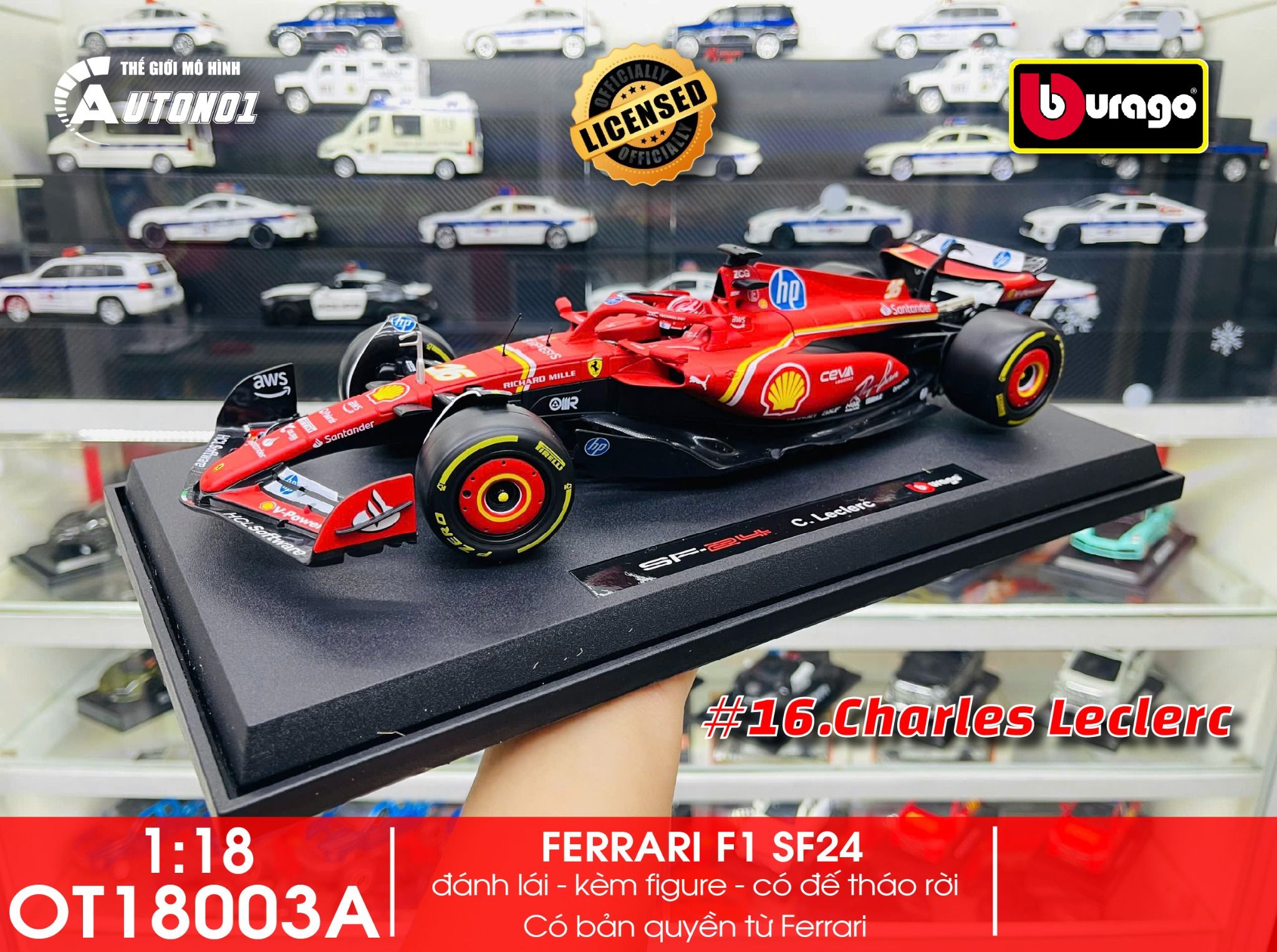 Mô hình xe đua F1 Ferrari Formular SF-24 có đế + figure tỉ lệ 1:18 Bburago 18-16815 OT18003