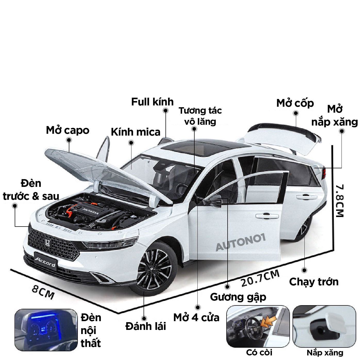 Mô hình Honda Accord full open - full kính - có đèn - âm thanh tỉ lệ 1:18 Alloy Model OT18006