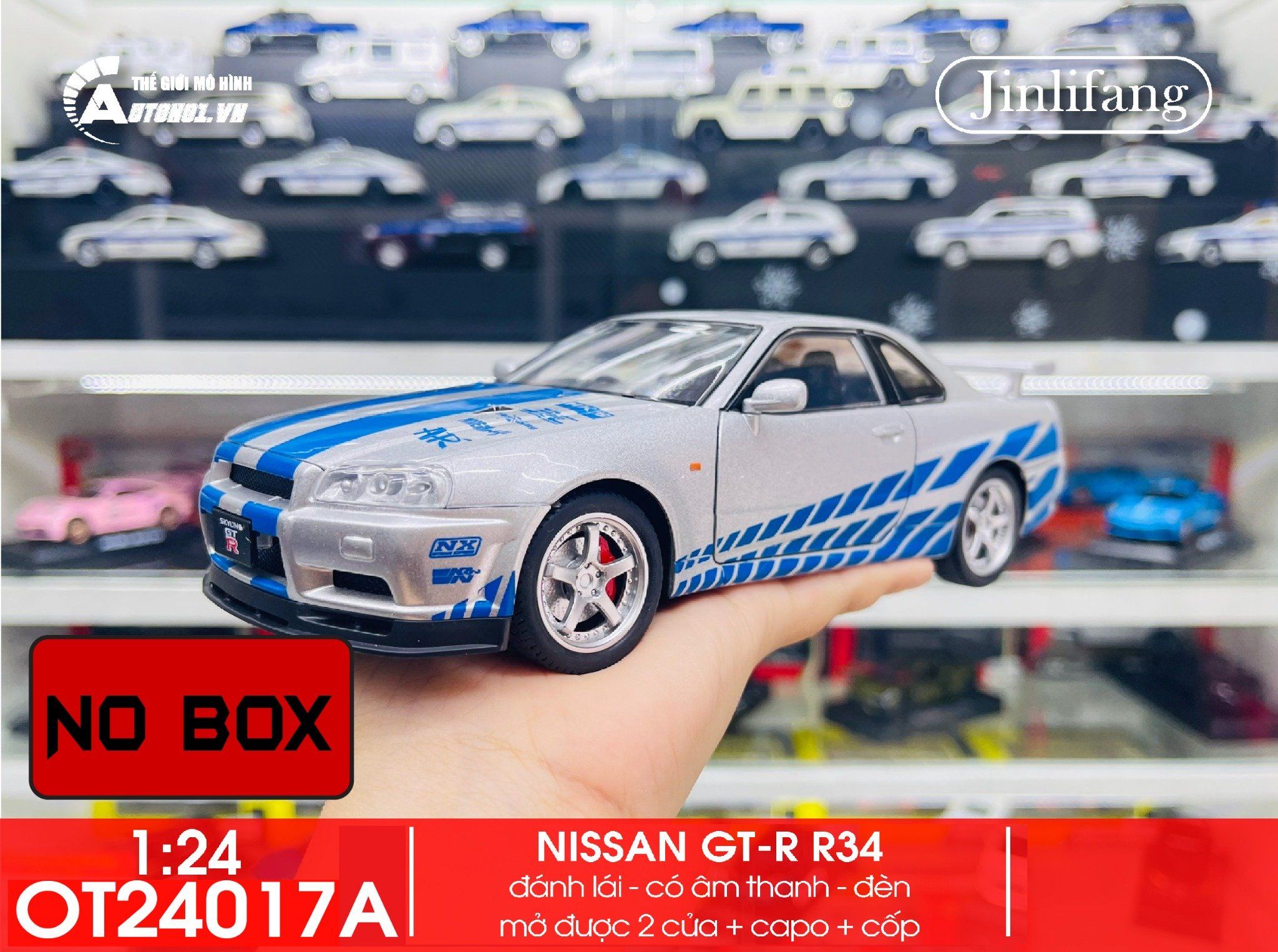 Mô hình xe Nissan GTR - R34 Fast & Furious No box full open - có âm thanh - đèn - đánh lái tỉ lệ 1:24 Jinlifiang OT24017