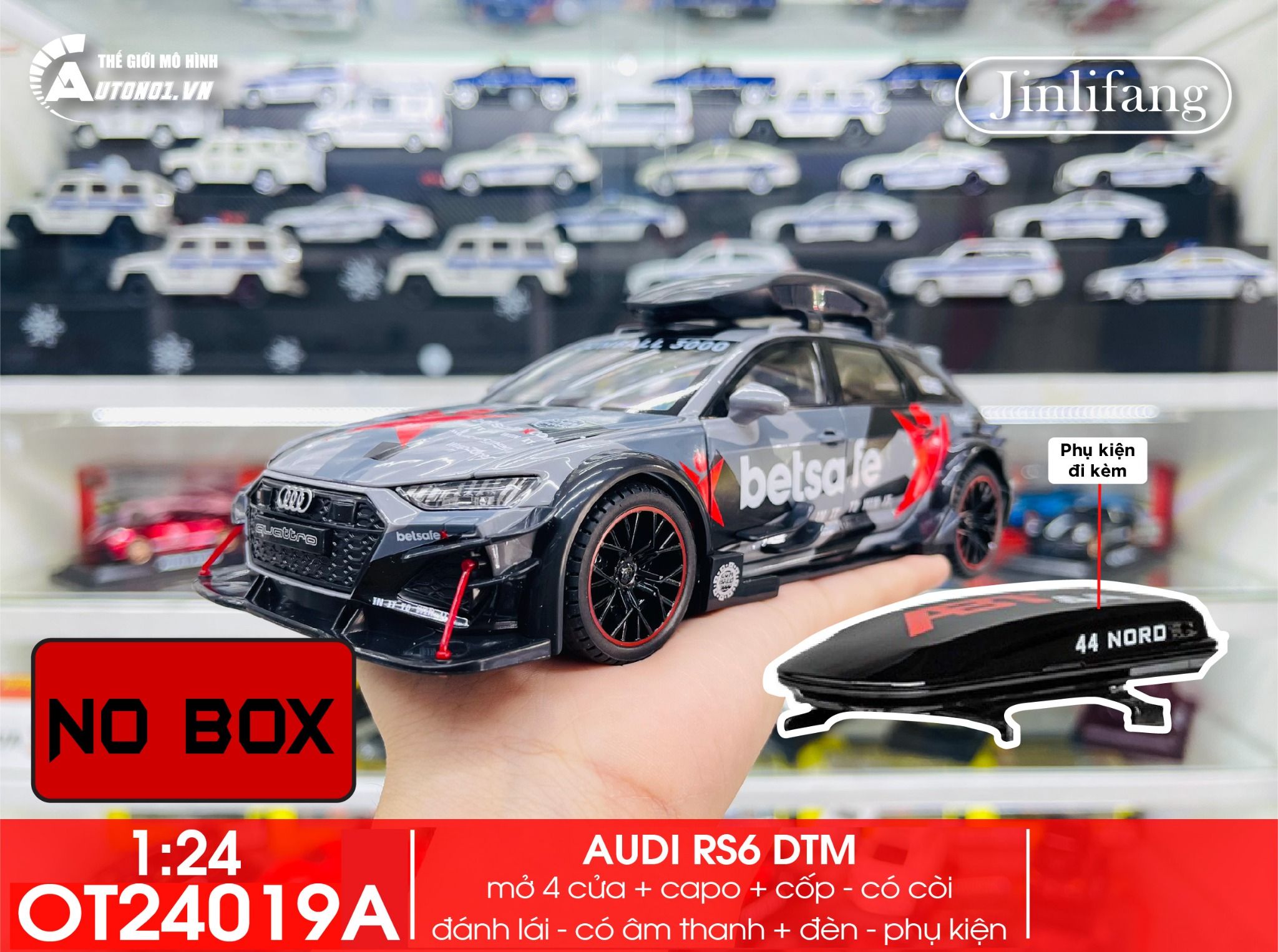 Mô hình xe Audi RS6 DTM 56 box camping full open - có âm thanh - đèn - đánh lái No box tỉ lệ 1:24 Jinlifiang OT24019