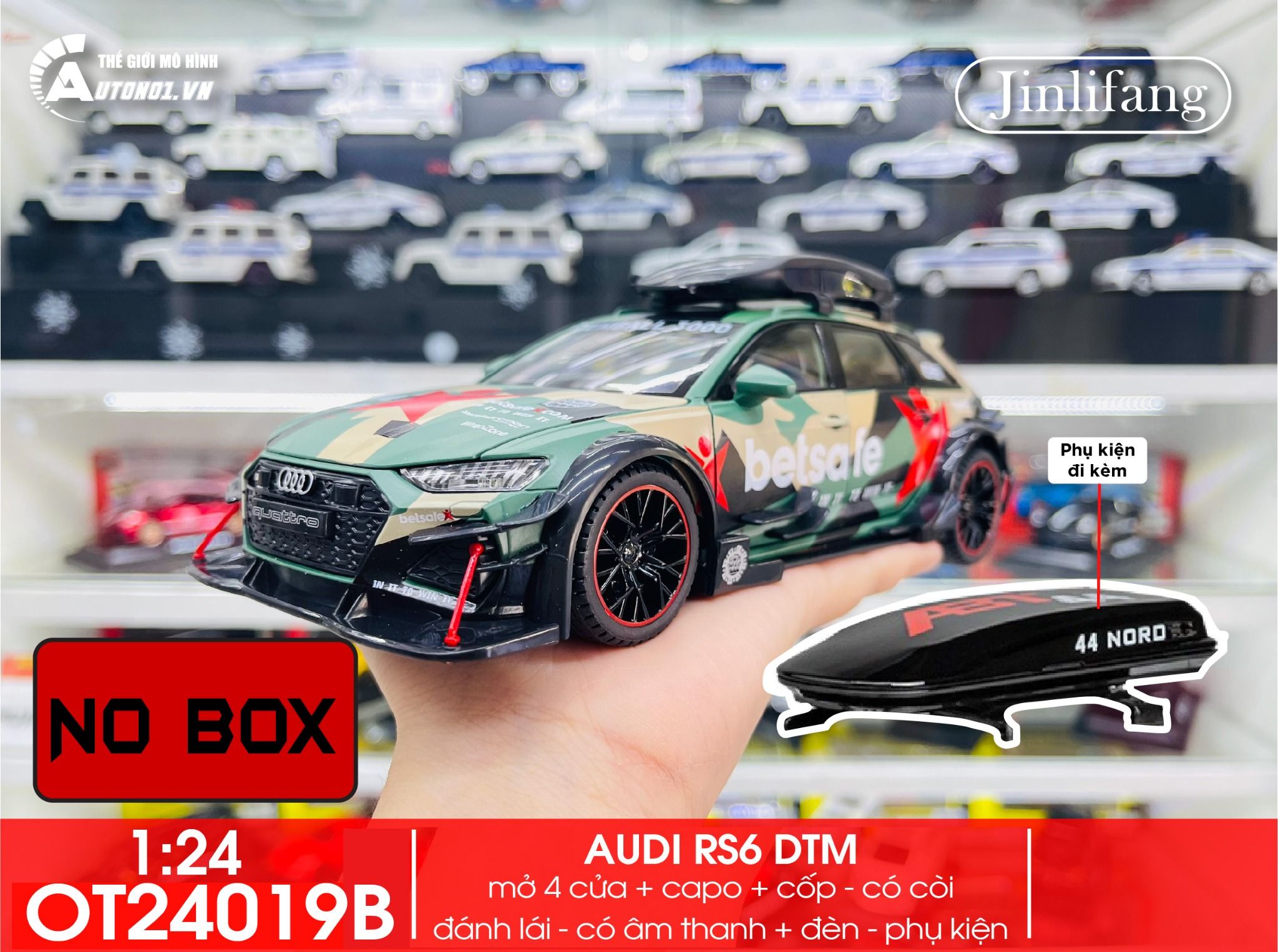 Mô hình xe Audi RS6 DTM 56 box camping full open - có âm thanh - đèn - đánh lái No box tỉ lệ 1:24 Jinlifiang OT24019