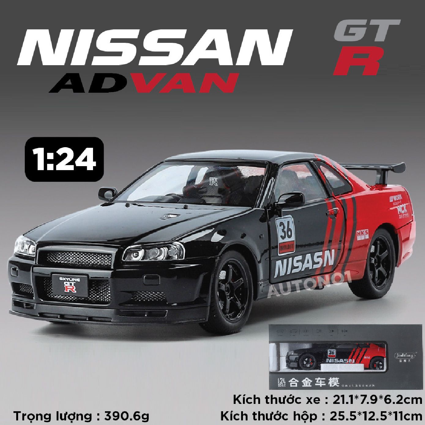 Mô hình xe Nissan GT-R R34 phiên bản racing full open - có đèn - có âm thanh tỉ lệ 1:24 JinliFang OT24030