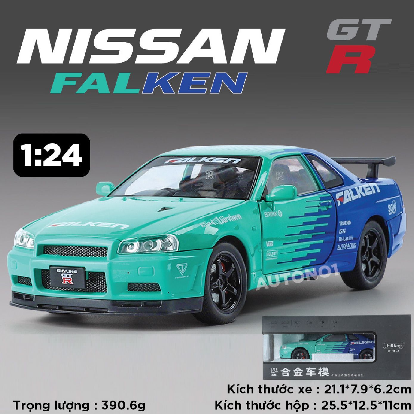 Mô hình xe Nissan GT-R R34 phiên bản racing full open - có đèn - có âm thanh tỉ lệ 1:24 JinliFang OT24030