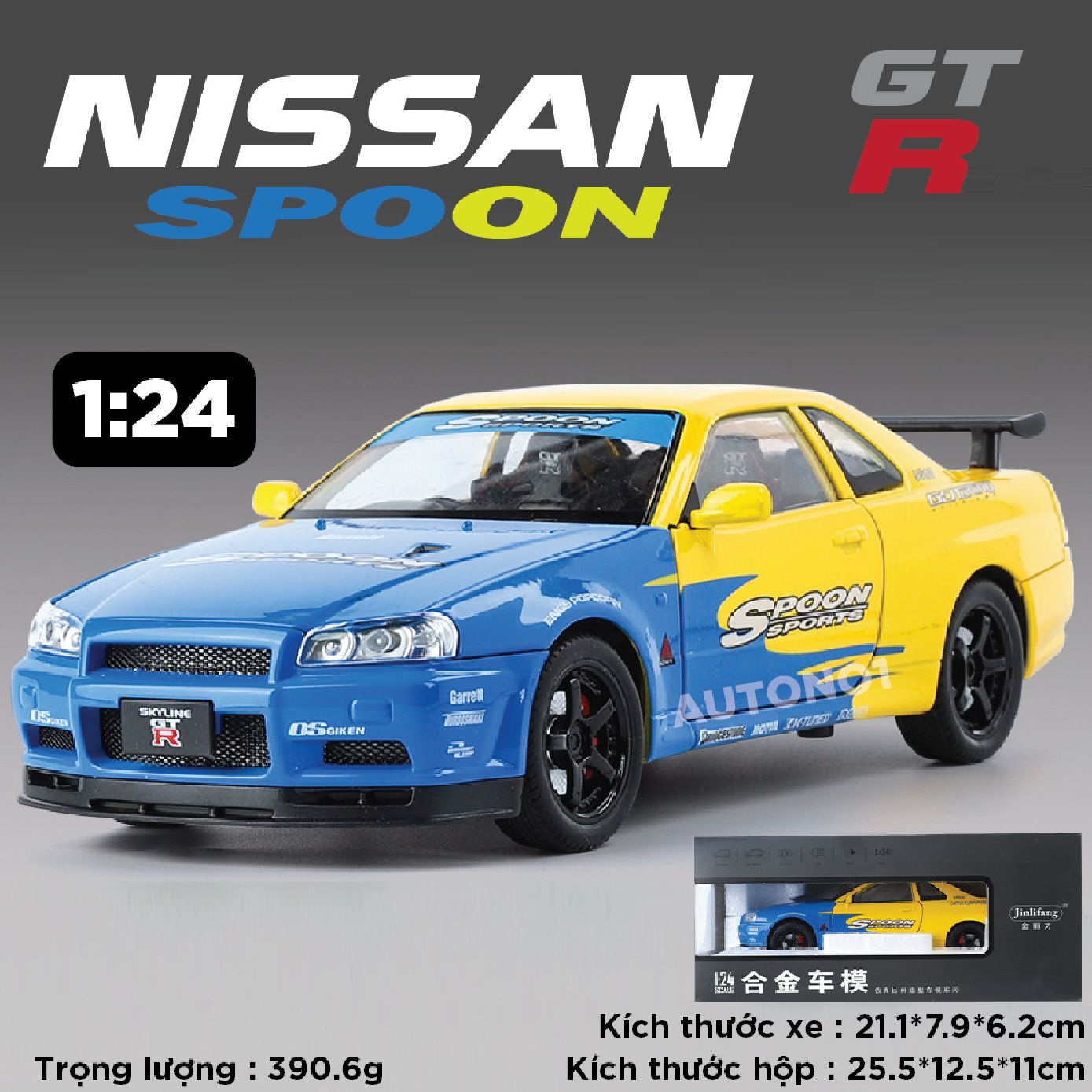 Mô hình xe Nissan GT-R R34 phiên bản racing full open - có đèn - có âm thanh tỉ lệ 1:24 JinliFang OT24030
