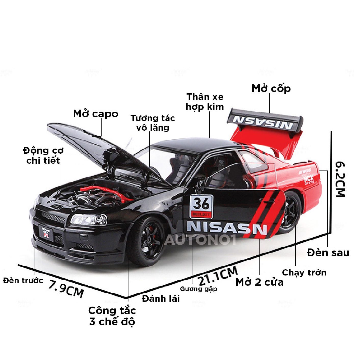 Mô hình xe Nissan GT-R R34 phiên bản racing full open - có đèn - có âm thanh tỉ lệ 1:24 JinliFang OT24030