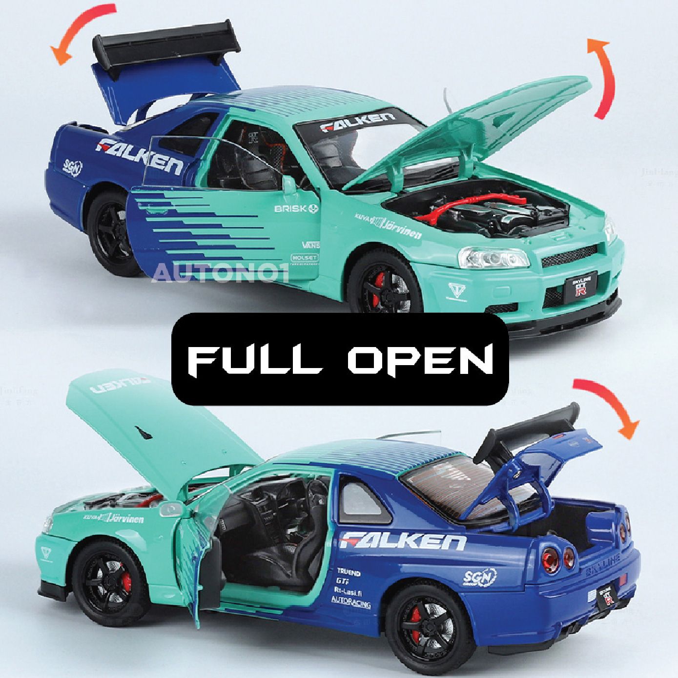 Mô hình xe Nissan GT-R R34 phiên bản racing full open - có đèn - có âm thanh tỉ lệ 1:24 JinliFang OT24030