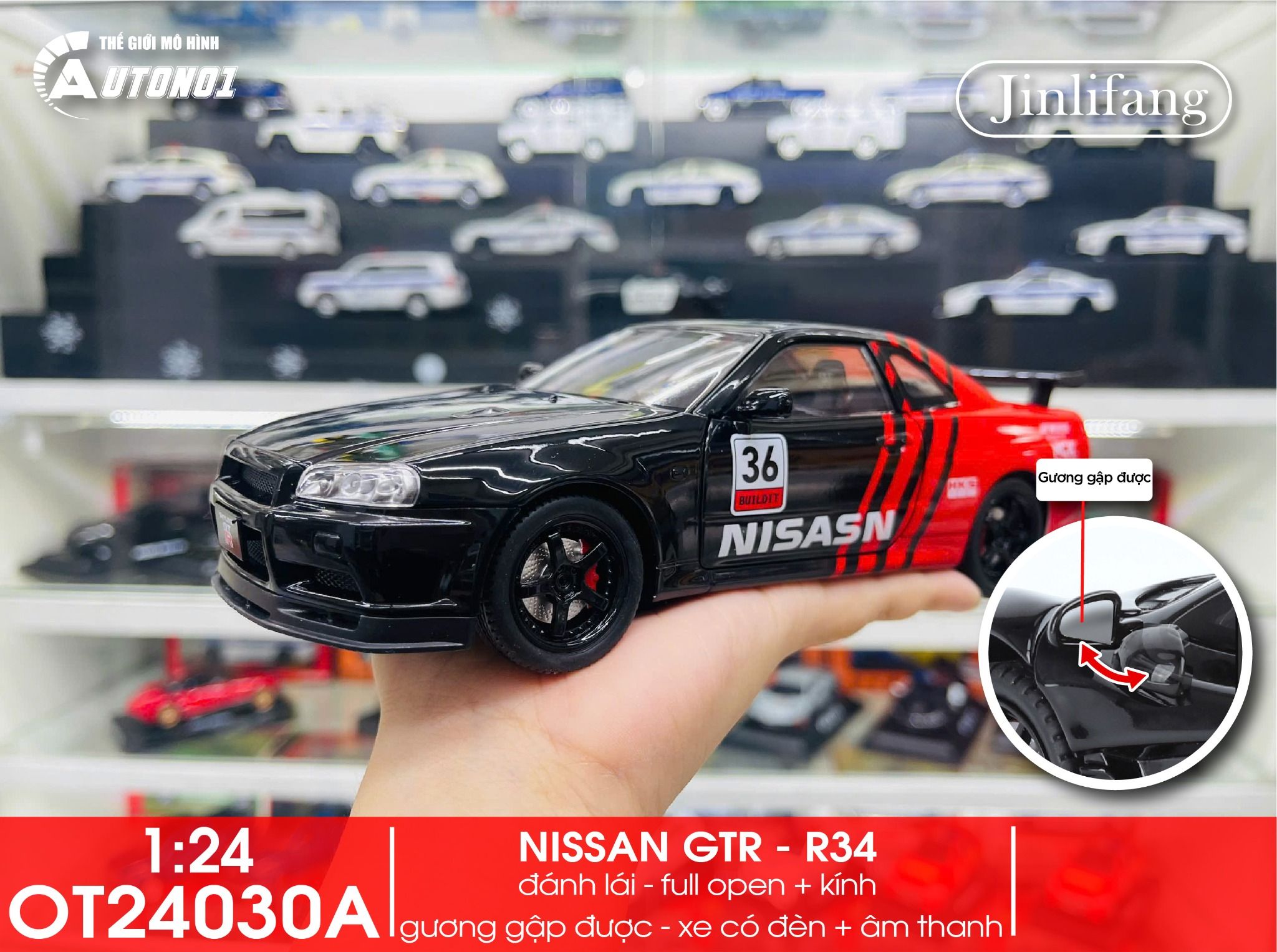 Mô hình xe Nissan GT-R R34 phiên bản racing full open - có đèn - có âm thanh tỉ lệ 1:24 JinliFang OT24030