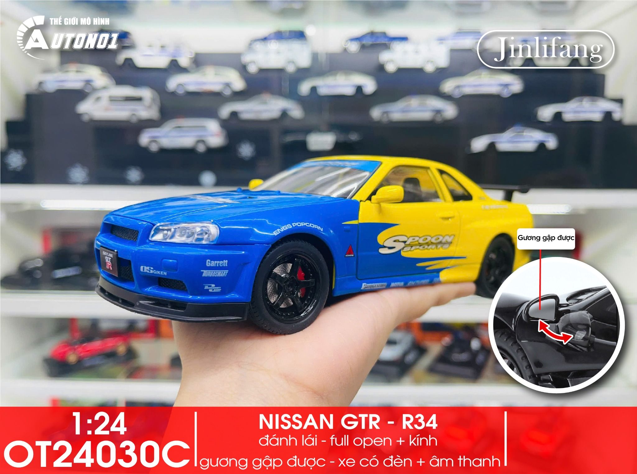 Mô hình xe Nissan GT-R R34 phiên bản racing full open - có đèn - có âm thanh tỉ lệ 1:24 JinliFang OT24030
