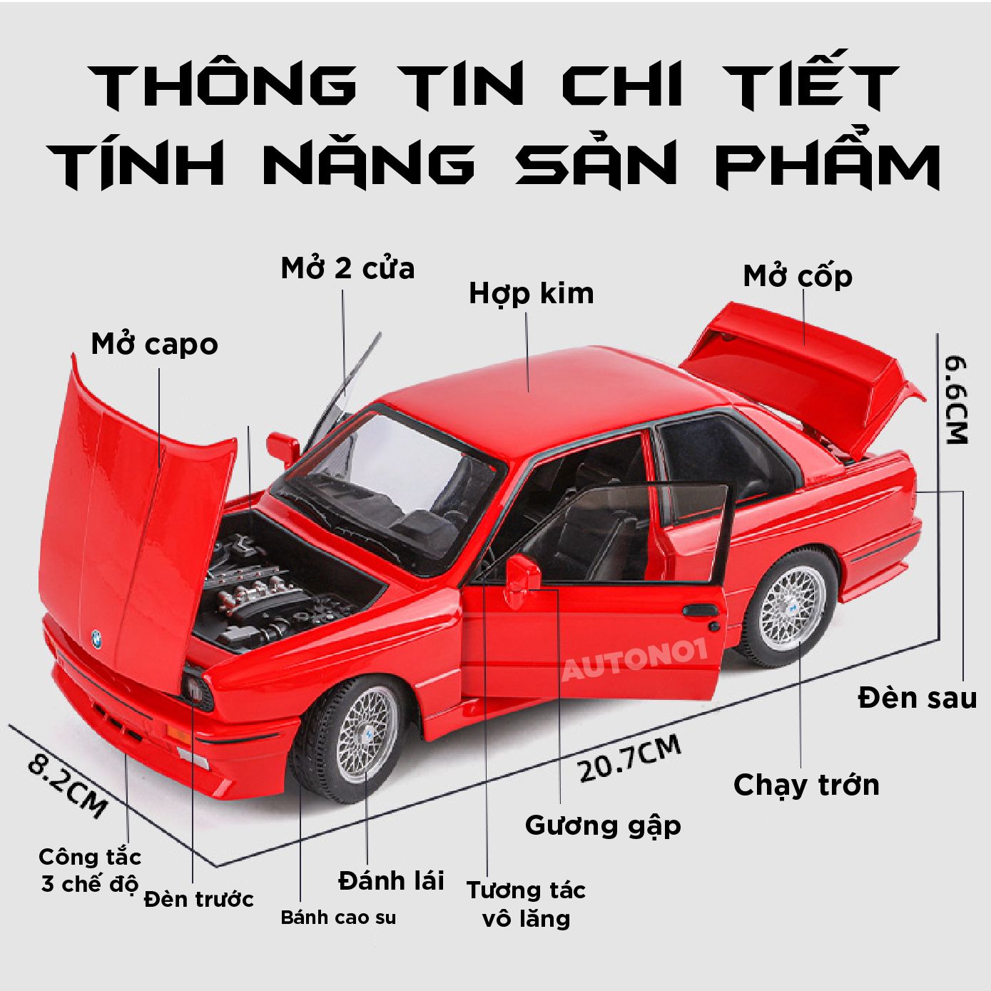 Mô hình xe BMW M3 E30 full open - có đèn - âm thanh tỉ lệ 1:24 JinliFang OT24035