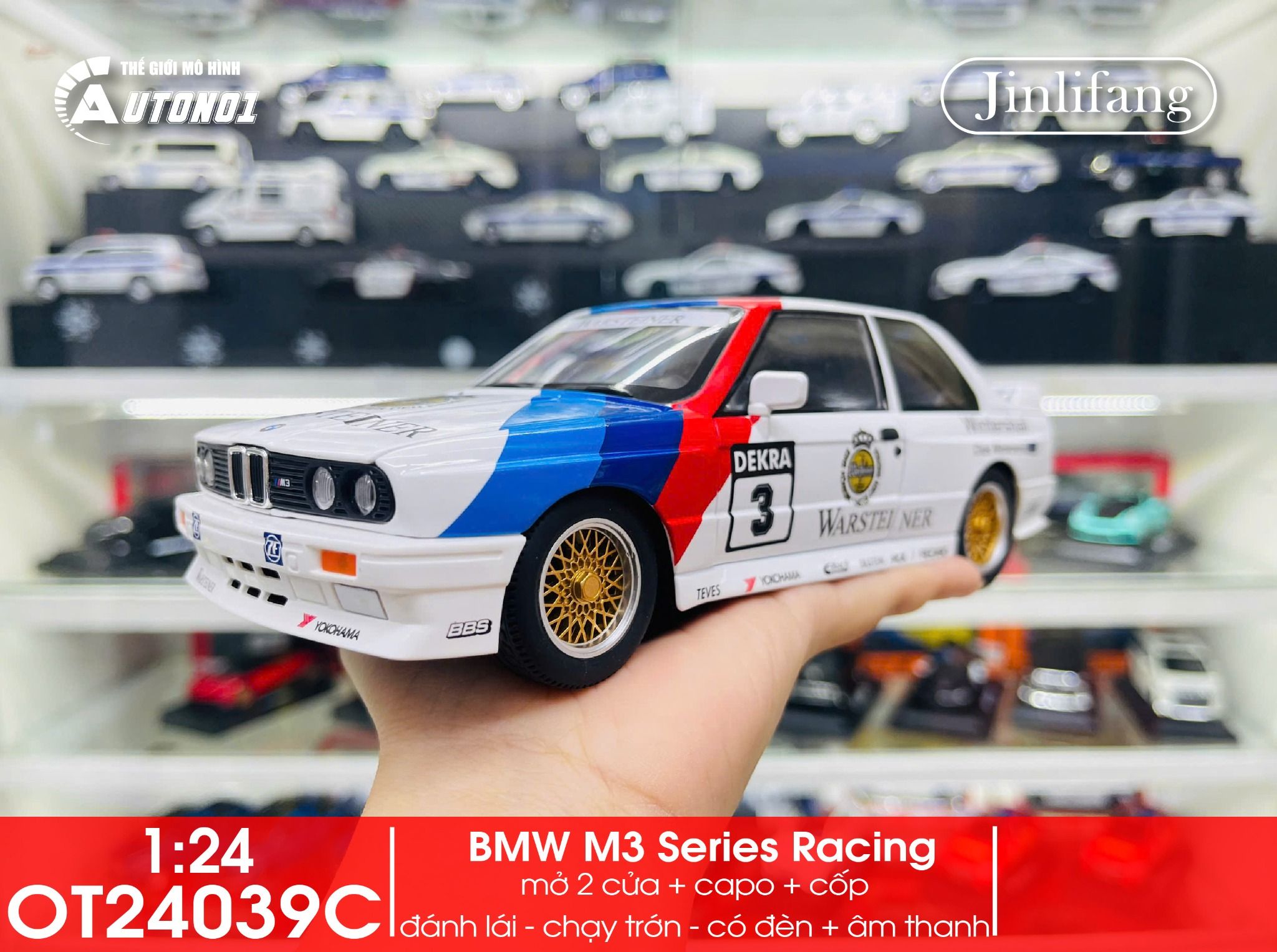 Mô hình xe BMW M3 series racing full open - full kính - đánh lái được tỉ lệ 1:24 JinliFang OT24039