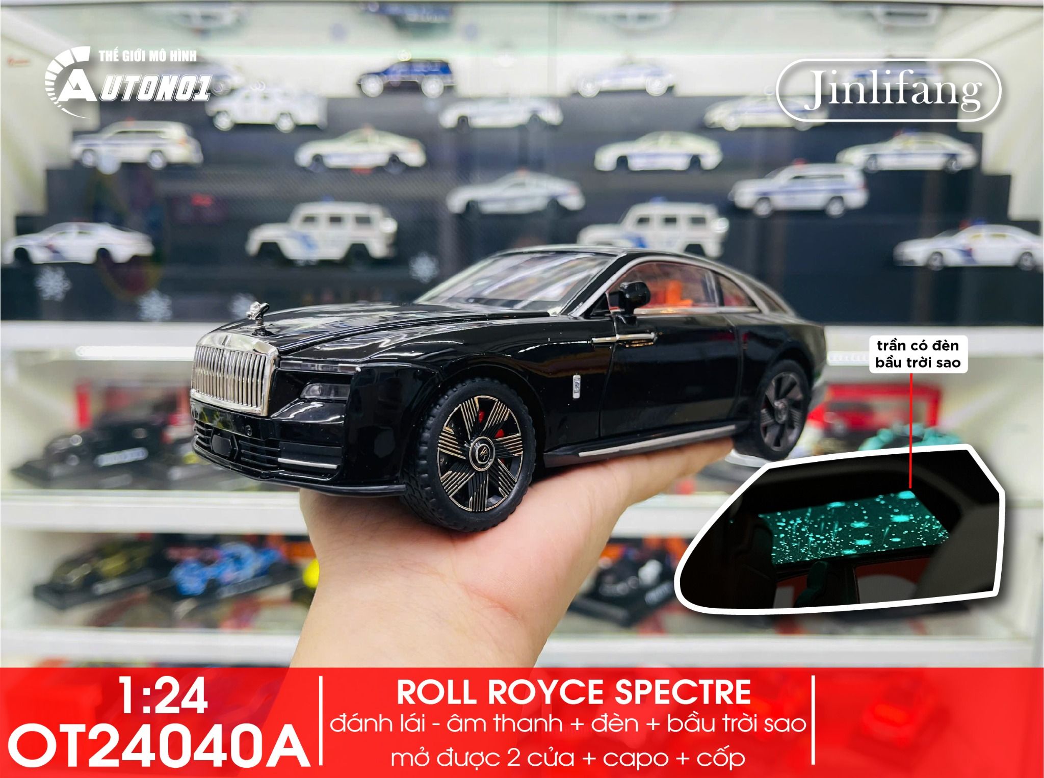 Mô hình xe Rolls Royce Spectre full open - bầu trời sao - full kính tỉ lệ 1:24 JinliFang OT24040