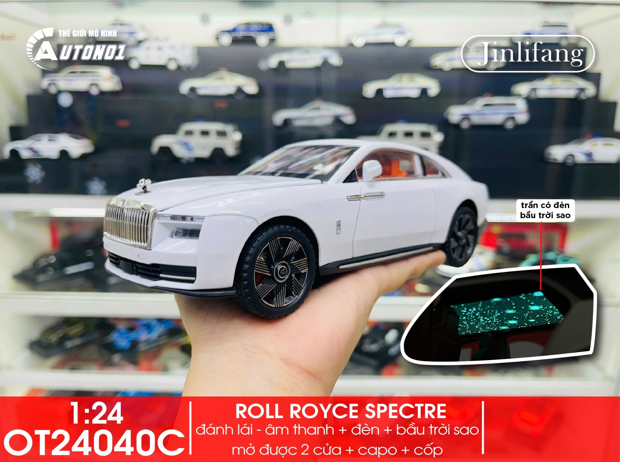 Mô hình xe Rolls Royce Spectre full open - bầu trời sao - full kính tỉ lệ 1:24 JinliFang OT24040