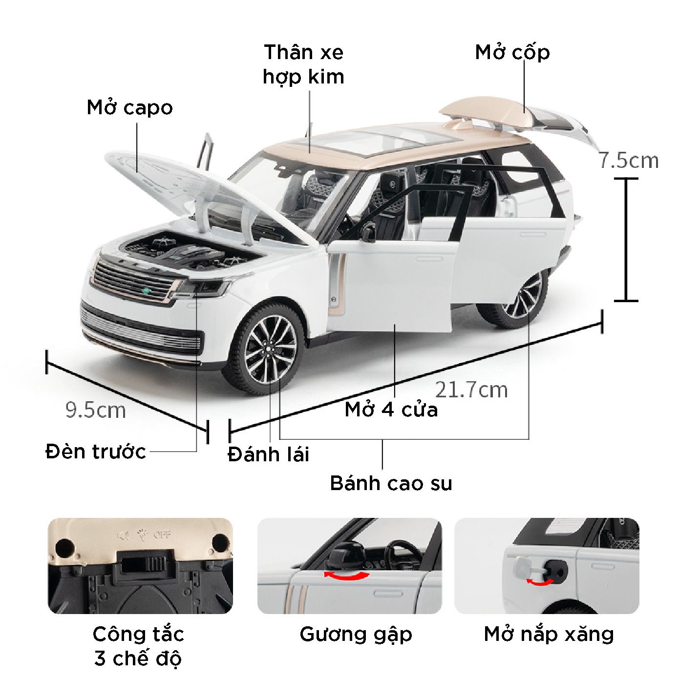 Mô hình xe Land Rover Range Rover SV2022 full open - có đèn - âm thanh tỉ lệ 1:24 Alloy Model OT24044