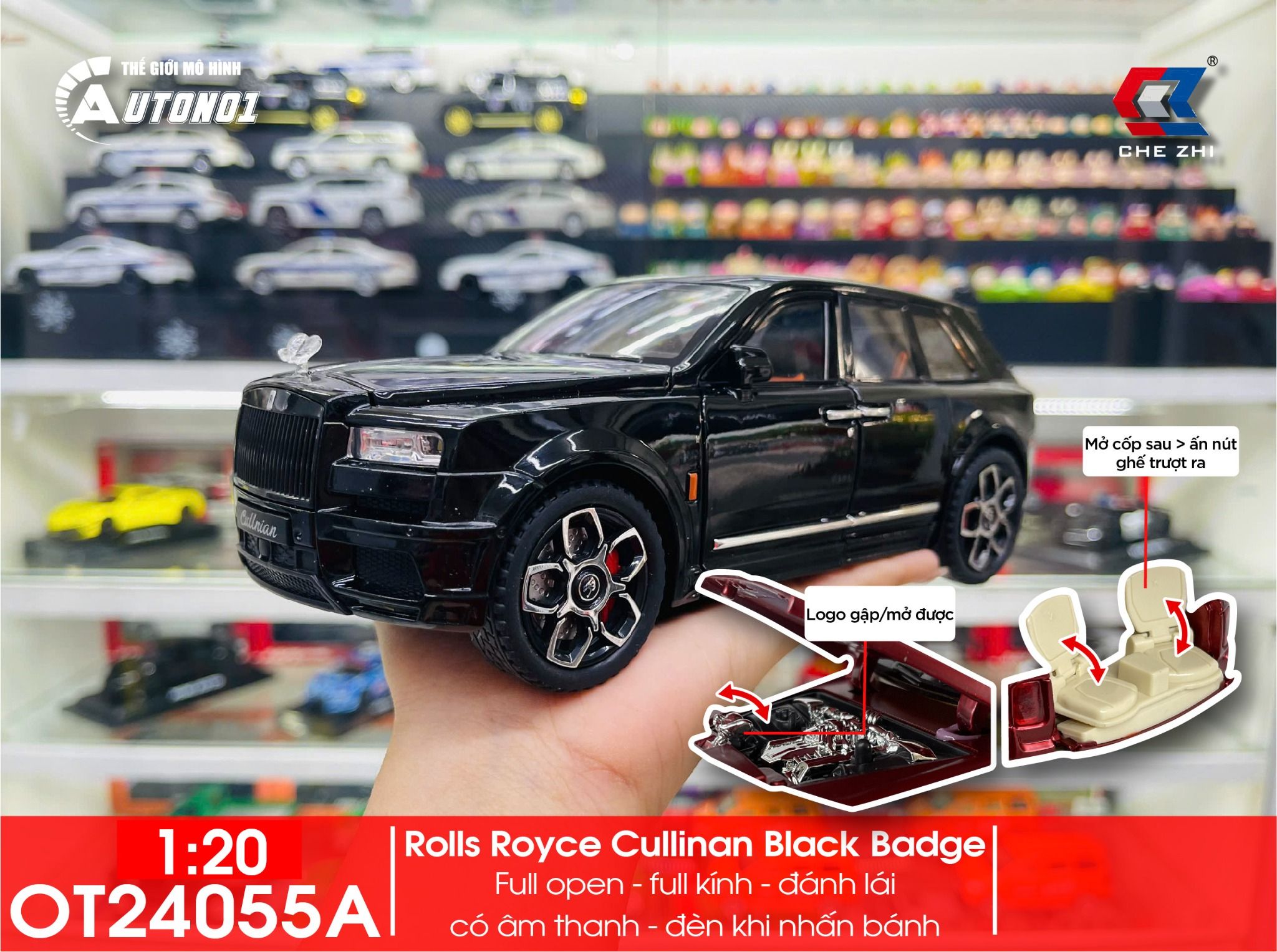 Mô hình xe Rolls Royce Cullinan Black Badge BB có đèn full open tỉ lệ 1:20 1:24 Chezhi Model OT24055