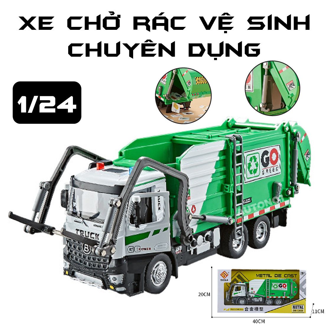 Mô hình xe chở rác vệ sinh chuyên dụng có thùng rác mini đi kèm tỉ lệ 1:24 Metal DieCast OT24061