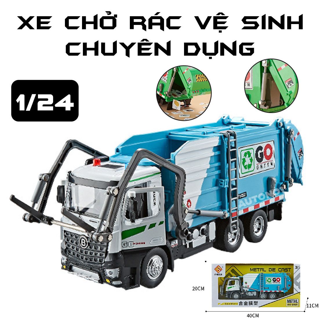 Mô hình xe chở rác vệ sinh chuyên dụng có thùng rác mini đi kèm tỉ lệ 1:24 Metal DieCast OT24061