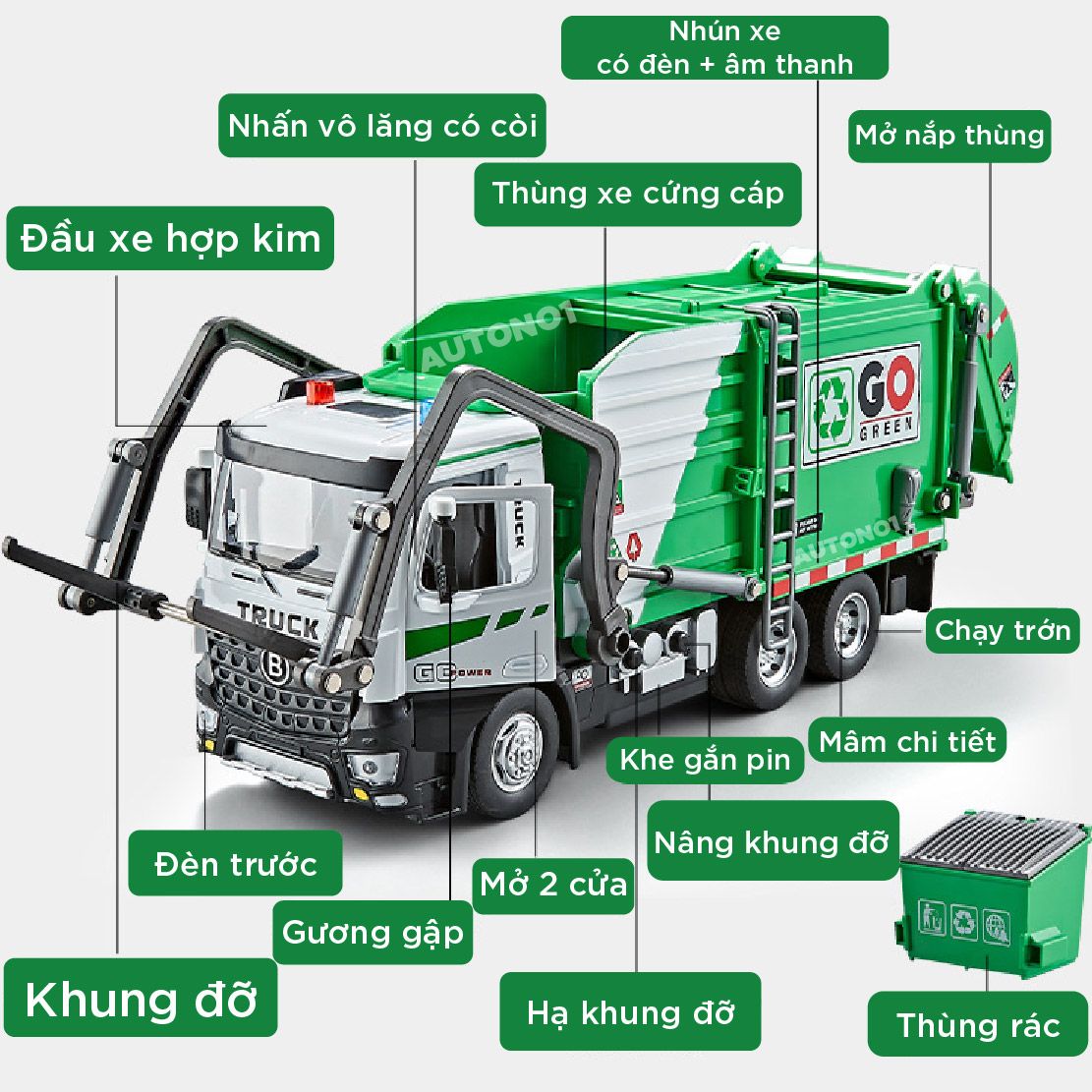 Mô hình xe chở rác vệ sinh chuyên dụng có thùng rác mini đi kèm tỉ lệ 1:24 Metal DieCast OT24061