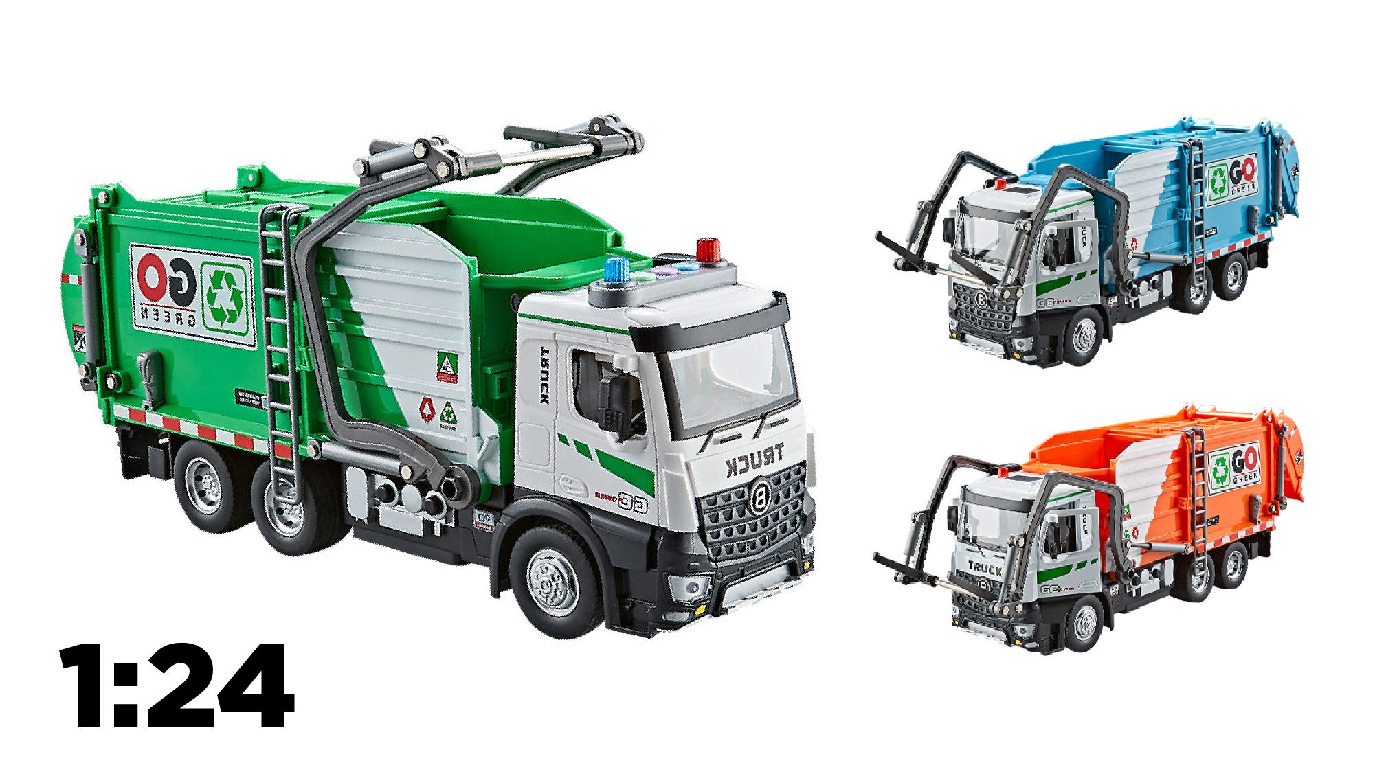 Mô hình xe chở rác vệ sinh chuyên dụng có thùng rác mini đi kèm tỉ lệ 1:24 Metal DieCast OT24061