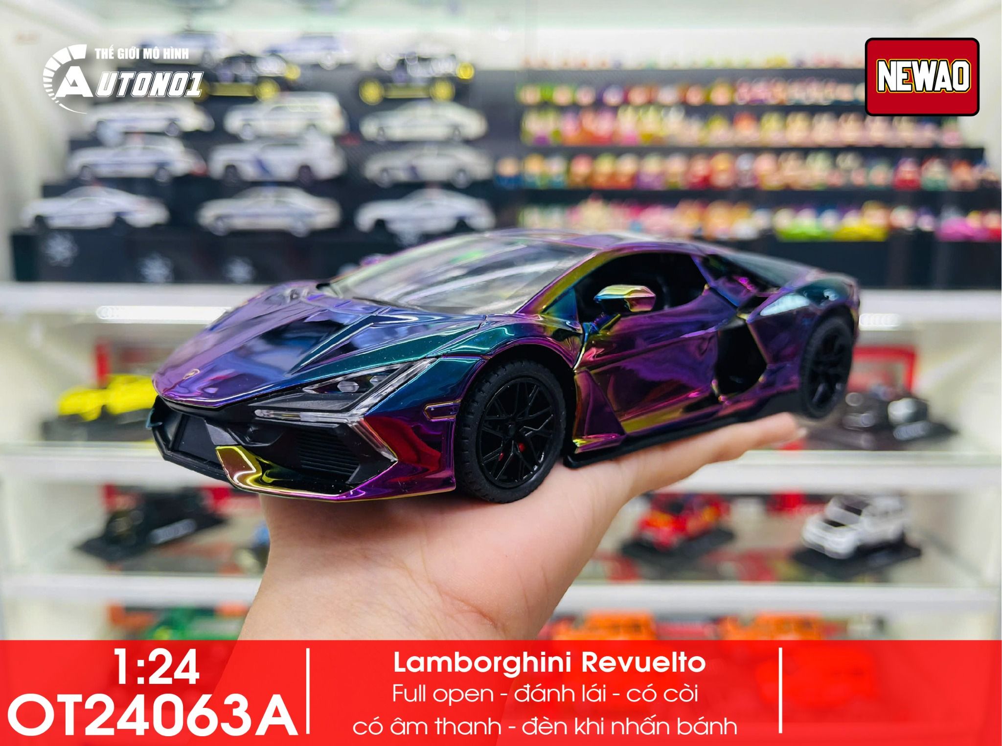 Mô hình xe Lamborghini Revuelto chrome color đánh lái được - full open - có đèn - âm thanh tỉ lệ 1:24 Alloy model OT24063