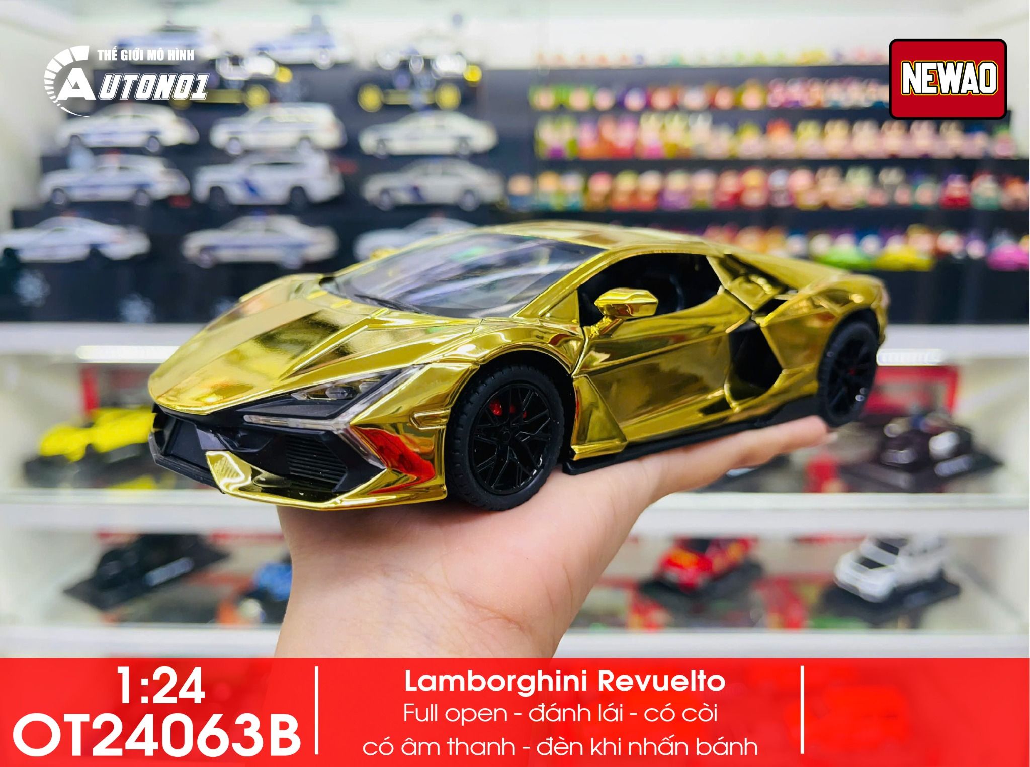 Mô hình xe Lamborghini Revuelto chrome color đánh lái được - full open - có đèn - âm thanh tỉ lệ 1:24 Alloy model OT24063