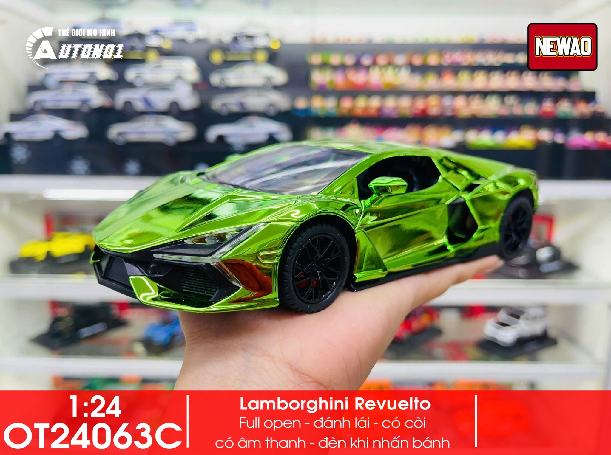 Mô hình xe Lamborghini Revuelto chrome color đánh lái được - full open - có đèn - âm thanh tỉ lệ 1:24 Alloy model OT24063