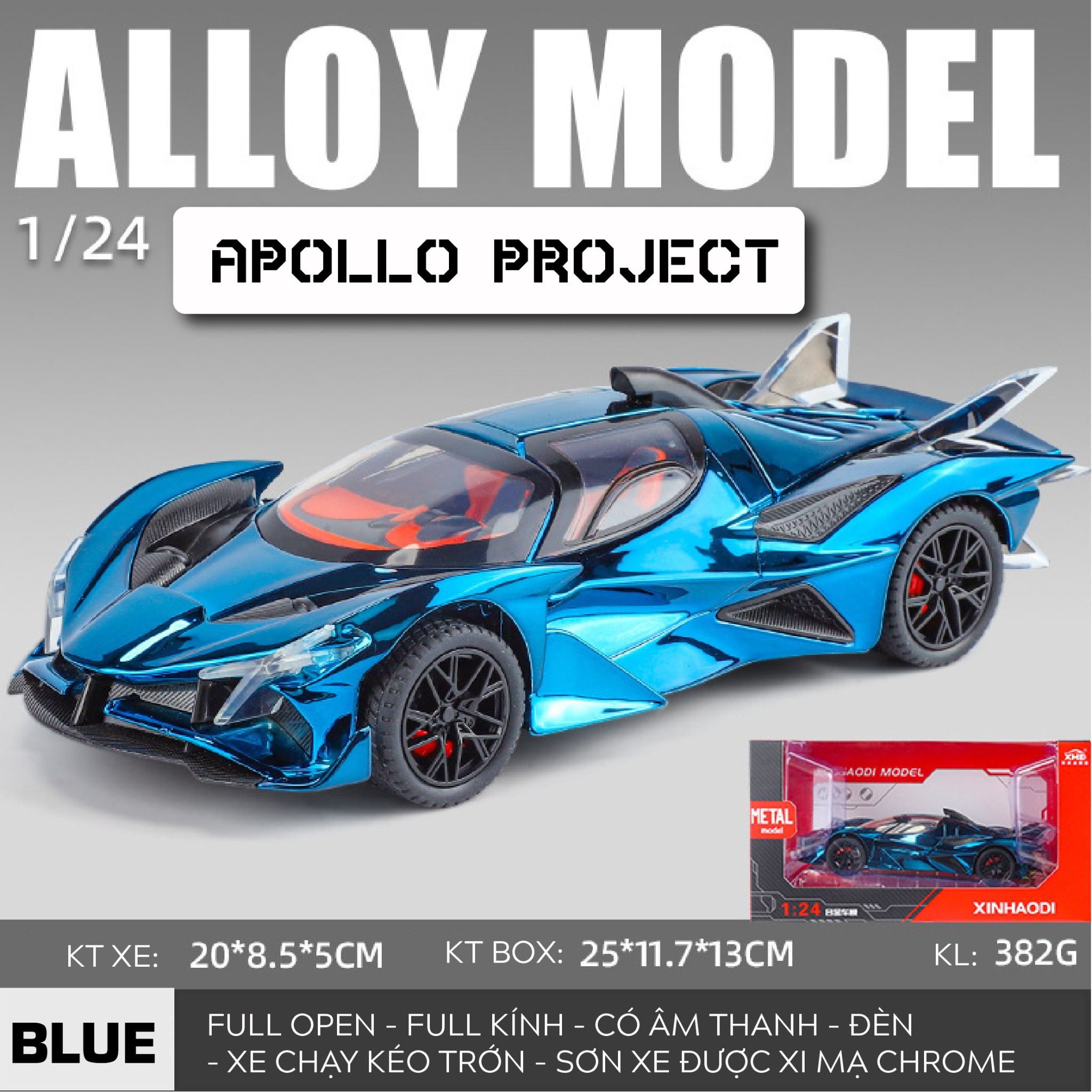 Mô hình xe Apollo Project EVO chrome version full open - full kính - có âm thanh - đèn tỉ lệ 1:24 Alloy model OT24078