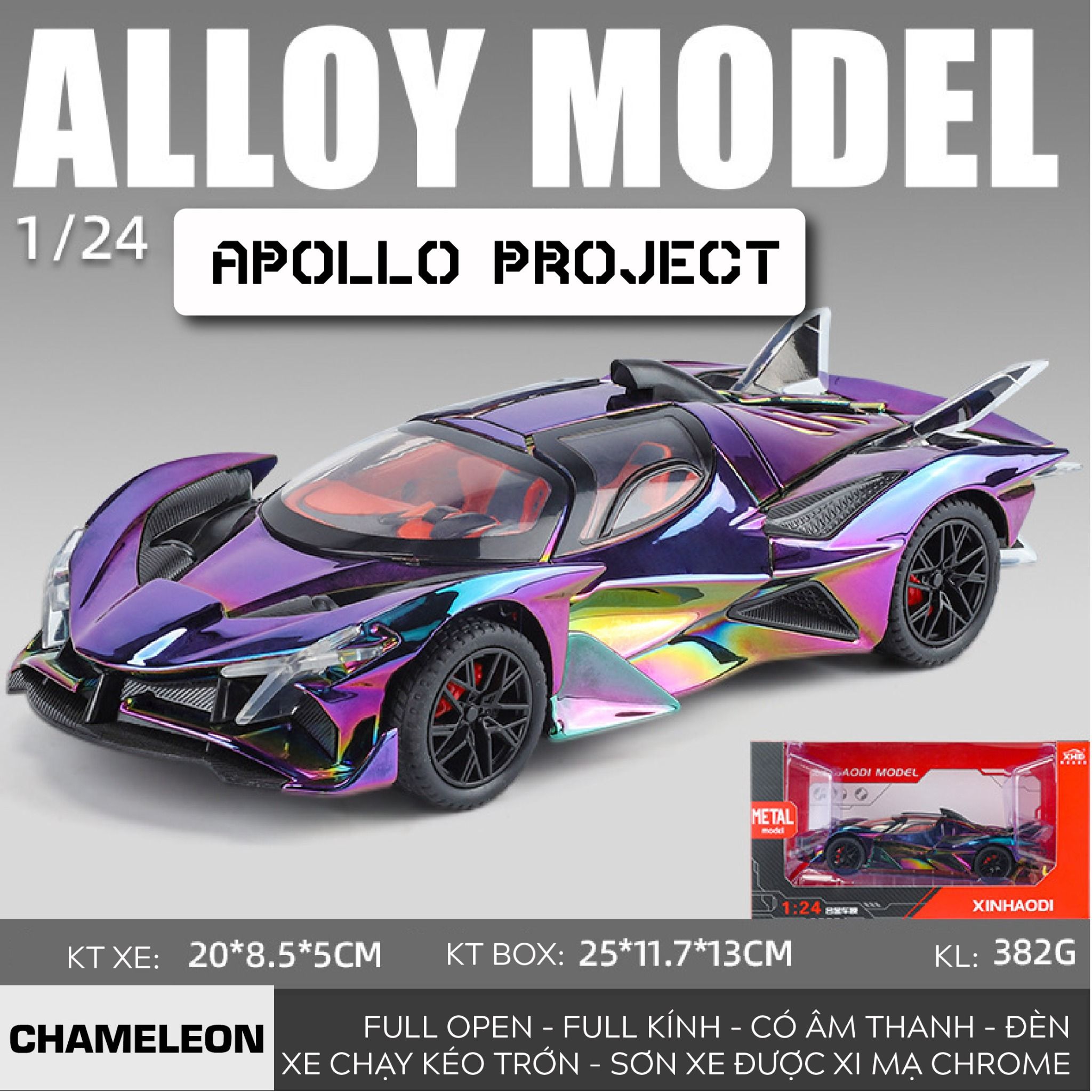 Mô hình xe Apollo Project EVO chrome version full open - full kính - có âm thanh - đèn tỉ lệ 1:24 Alloy model OT24078