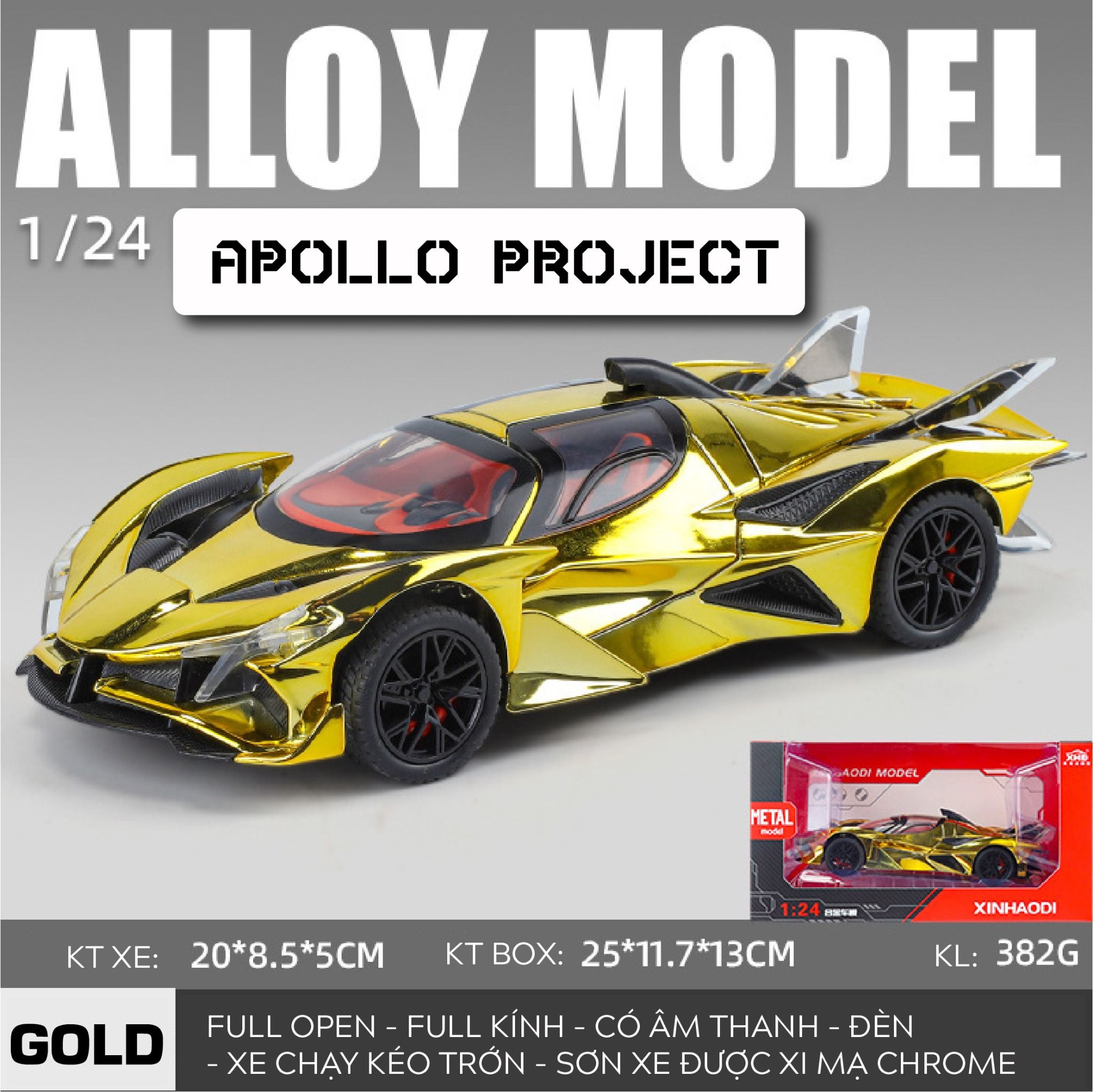 Mô hình xe Apollo Project EVO chrome version full open - full kính - có âm thanh - đèn tỉ lệ 1:24 Alloy model OT24078
