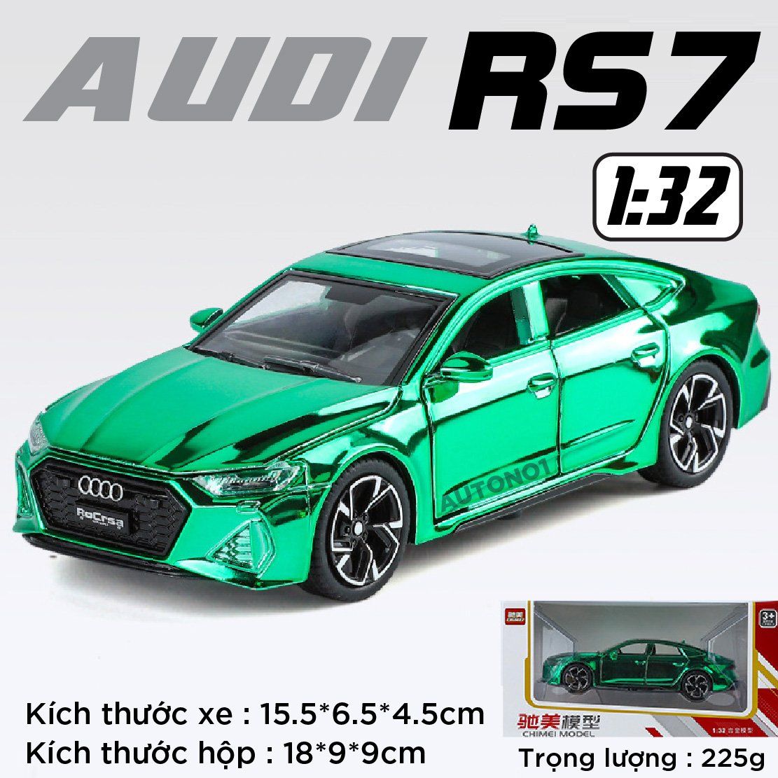Mô hình xe Audi RS7 phiên bản màu mạ full open - có đèn - âm thanh tỉ lệ 1:32 Chimei Model OT32003