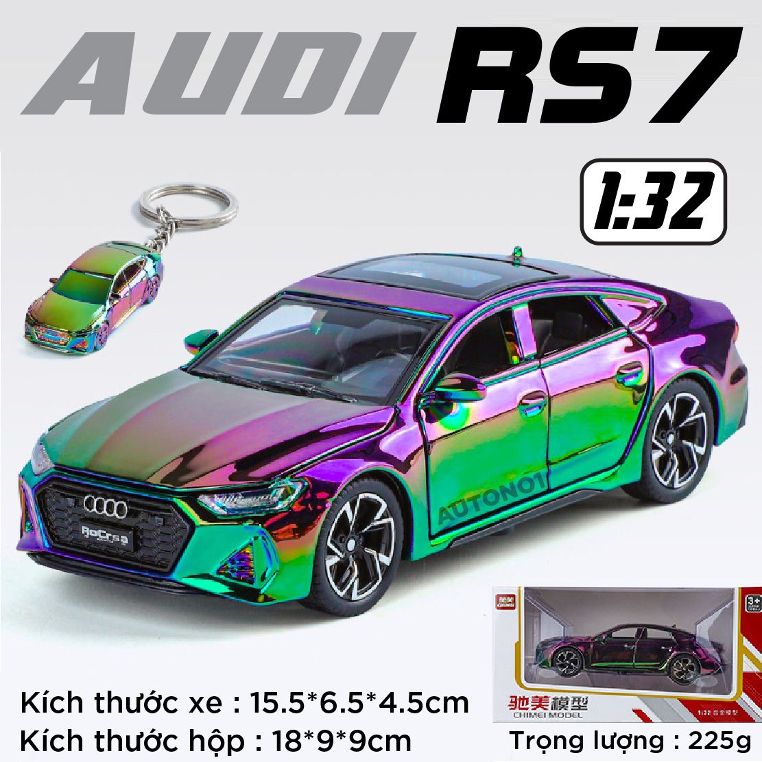 Mô hình xe Audi RS7 phiên bản màu mạ full open - có đèn - âm thanh tỉ lệ 1:32 Chimei Model OT32003