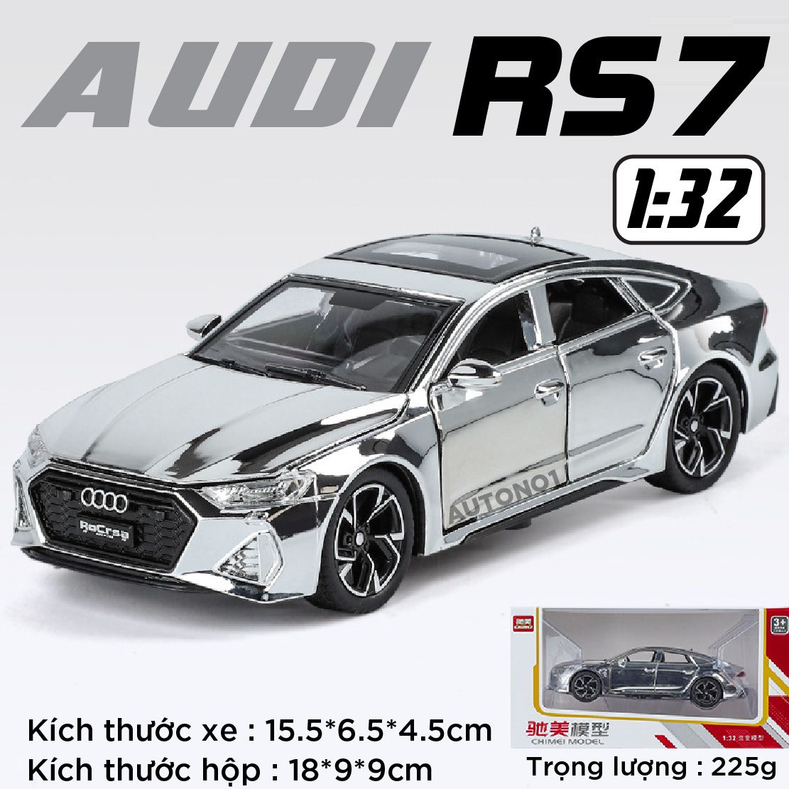 Mô hình xe Audi RS7 phiên bản màu mạ full open - có đèn - âm thanh tỉ lệ 1:32 Chimei Model OT32003