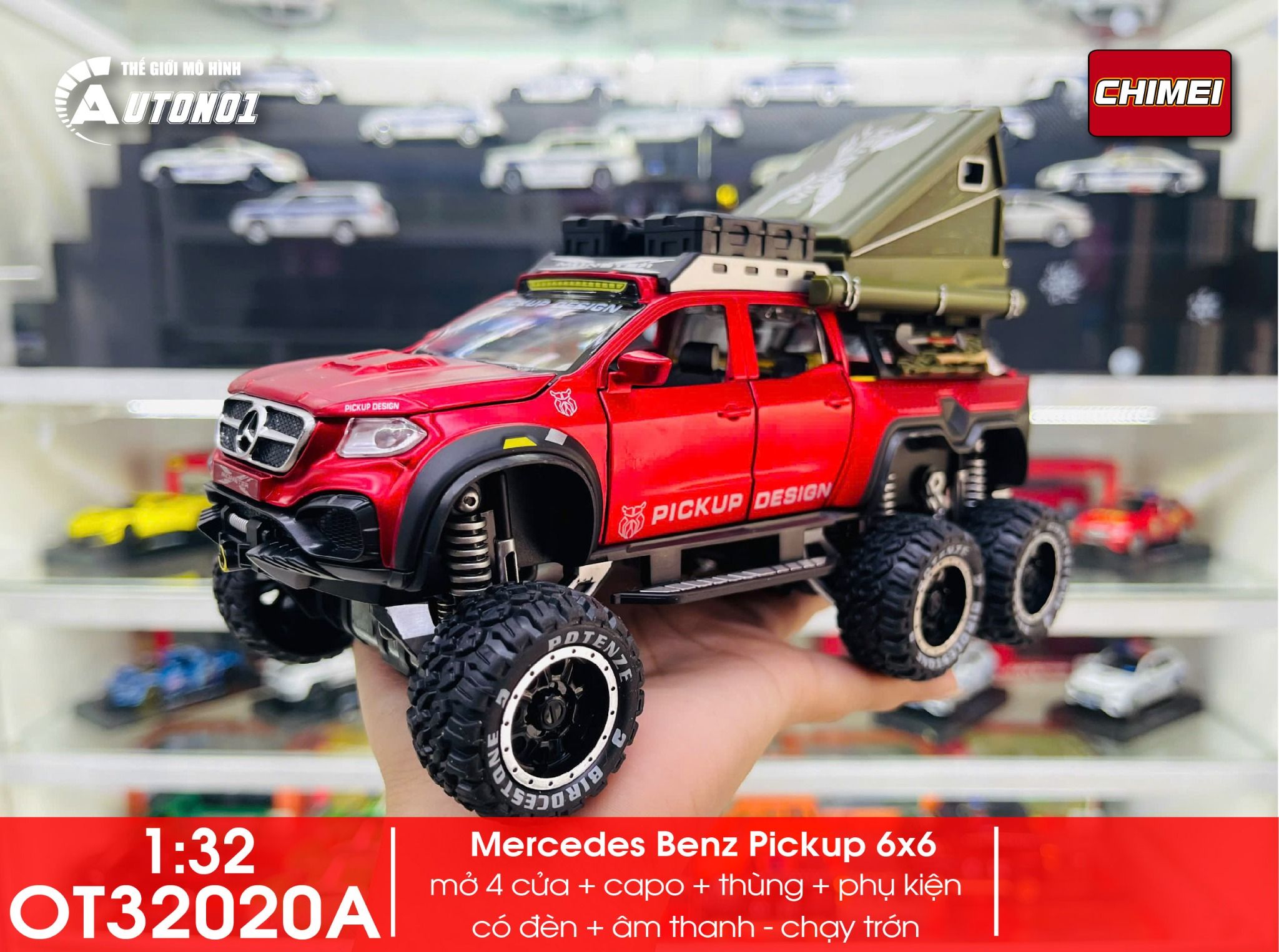 Mô hình xe Mercedes Benz Pickup 6x6 có phụ kiện camping đi kèm - có âm thanh - đèn tỉ lệ 1:32 Chimei OT32020