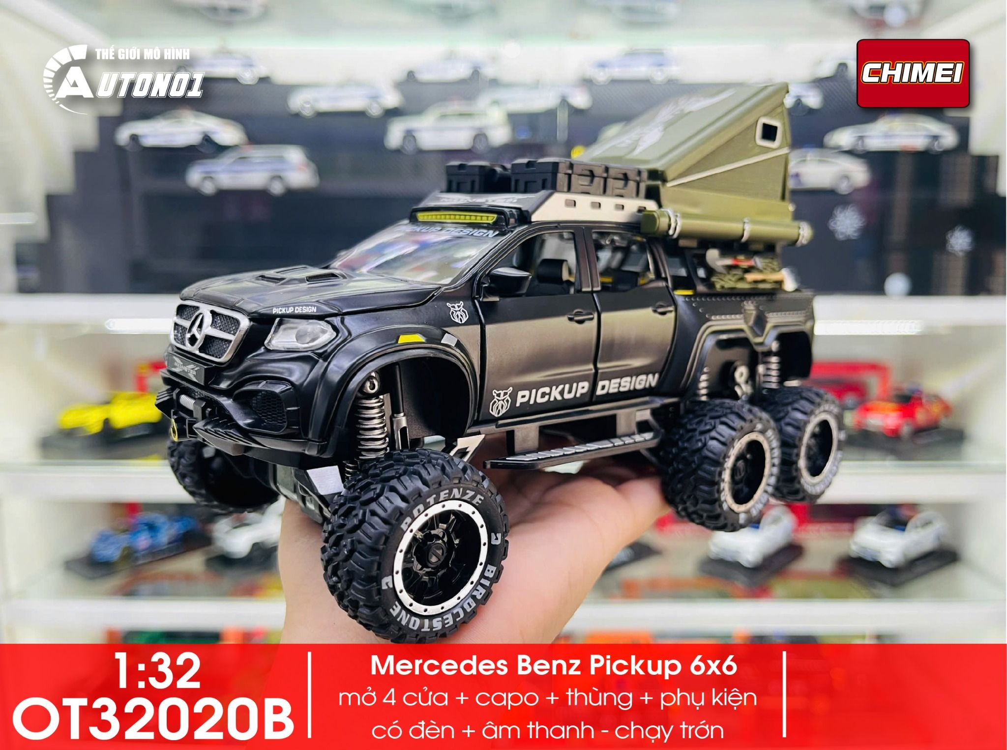 Mô hình xe Mercedes Benz Pickup 6x6 có phụ kiện camping đi kèm - có âm thanh - đèn tỉ lệ 1:32 Chimei OT32020