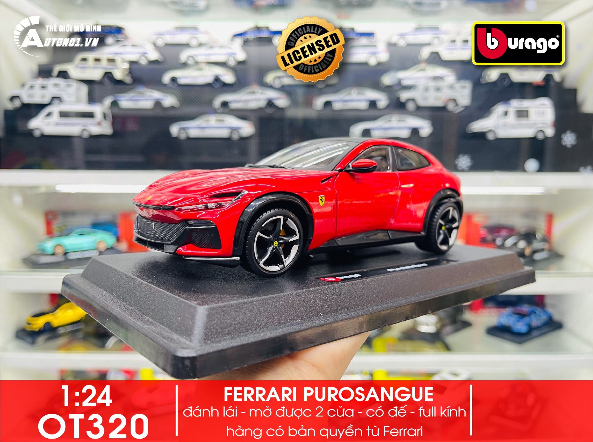 Mô hình xe Ferrari purosangue SUV full kính có đế 1:25 Bburago OT320