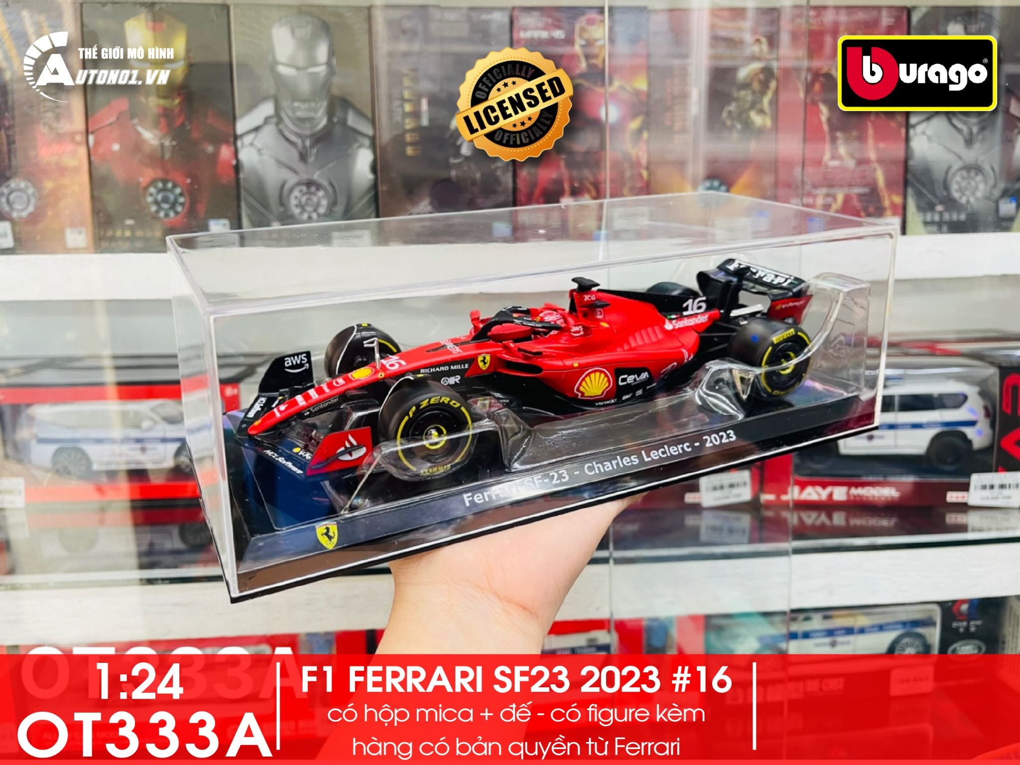 Mô hình xe đua F1 Ferrari Formular Sf23 2023 có hộp mica tỉ lệ 1:24 Bburago OT333