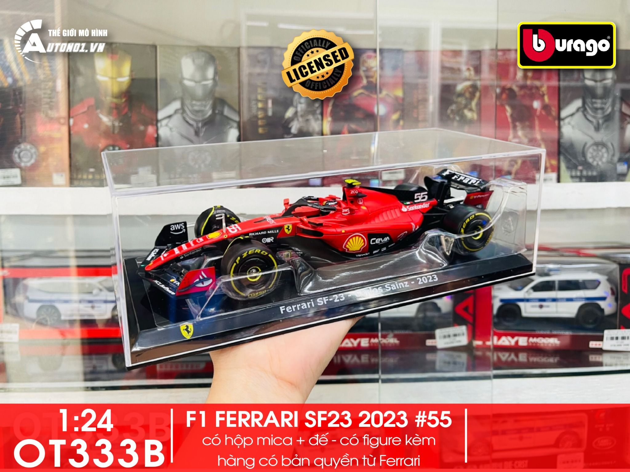 Mô hình xe đua F1 Ferrari Formular Sf23 2023 có hộp mica tỉ lệ 1:24 Bburago OT333
