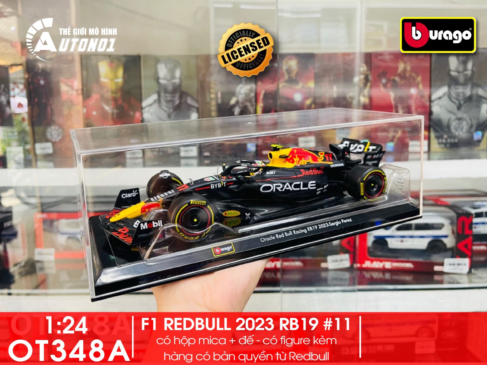 Mô hình xe đua F1 Redbull GP 2023 RB19 hộp mica có figure tỉ lệ 1:24 Bburago OT348