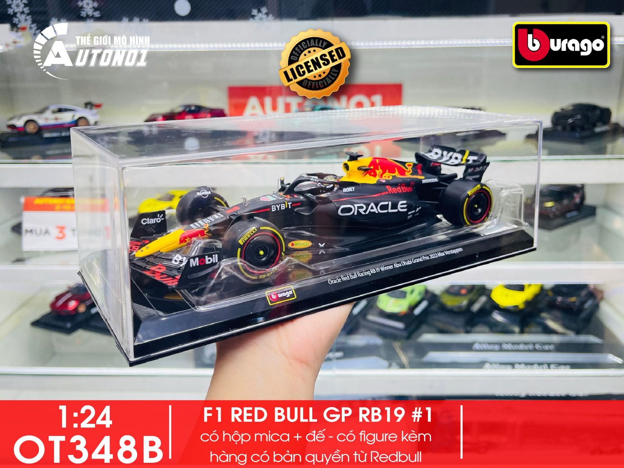 Mô hình xe đua F1 Redbull GP 2023 RB19 hộp mica có figure tỉ lệ 1:24 Bburago OT348