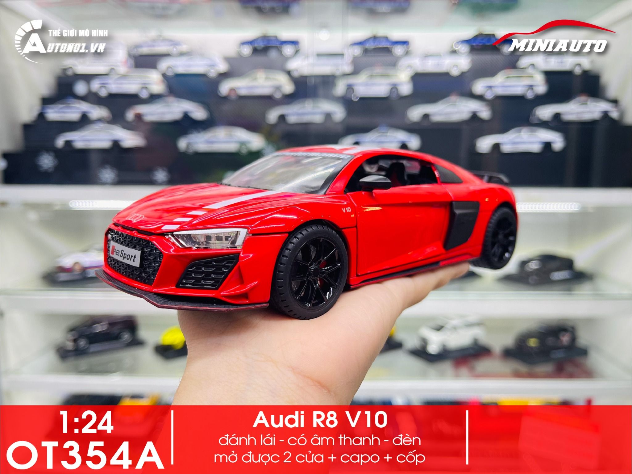 Mô hình xe Audi R8 V10 full open , đánh lái được tỉ lệ 1:24 Miniauto OT354