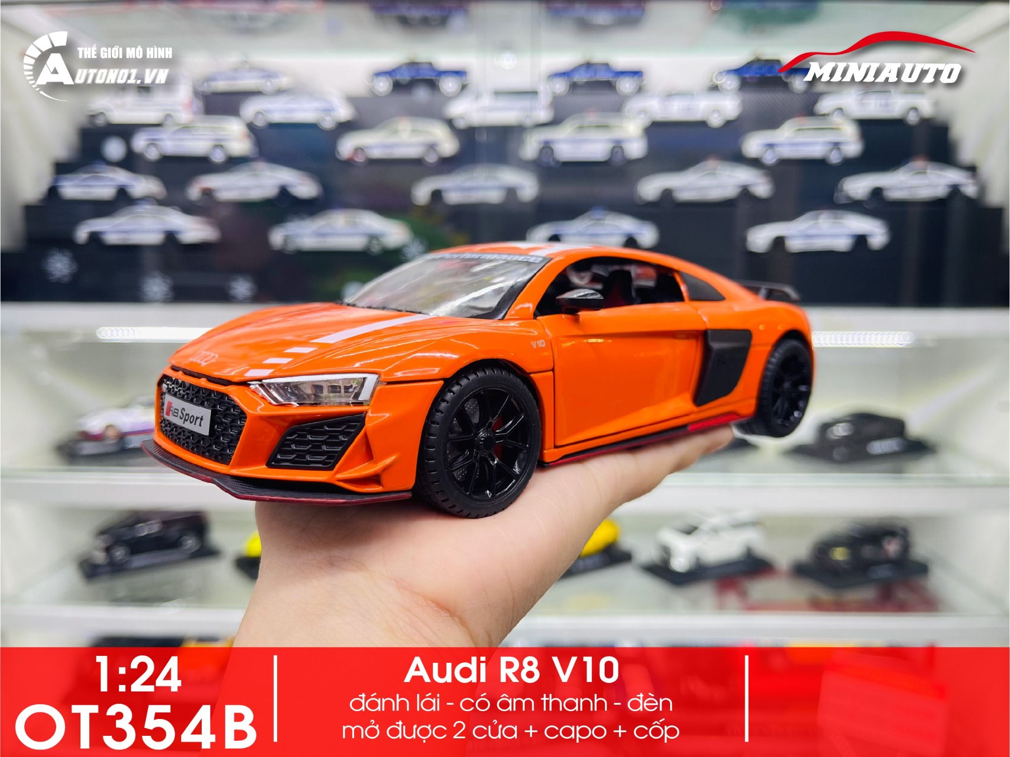 Mô hình xe Audi R8 V10 full open , đánh lái được tỉ lệ 1:24 Miniauto OT354
