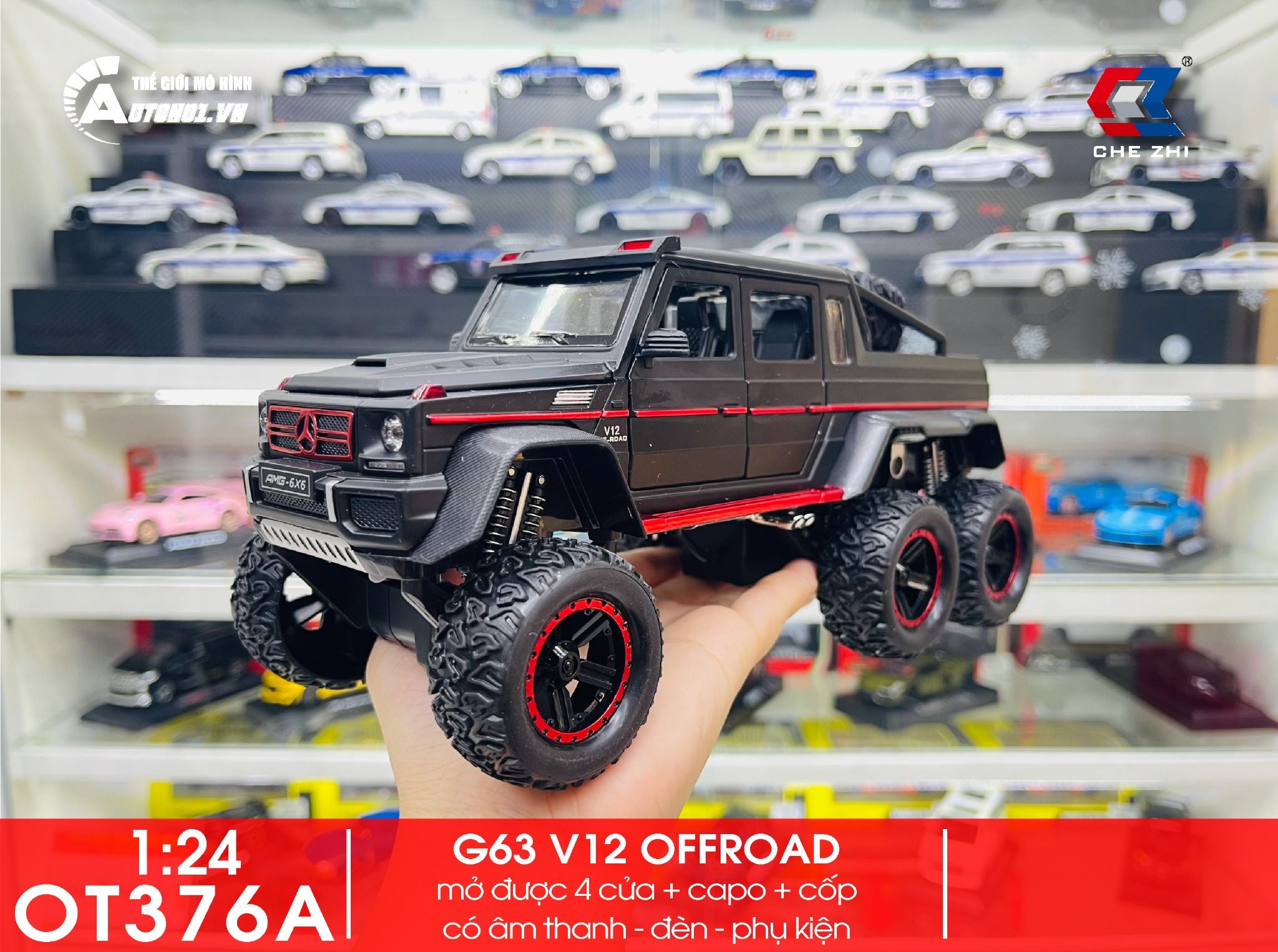 Mô hình xe ô tô Mercedes-Benz G63 V12 Off Road 6x6 full open tỉ lệ 1:22 Chezhi OT376